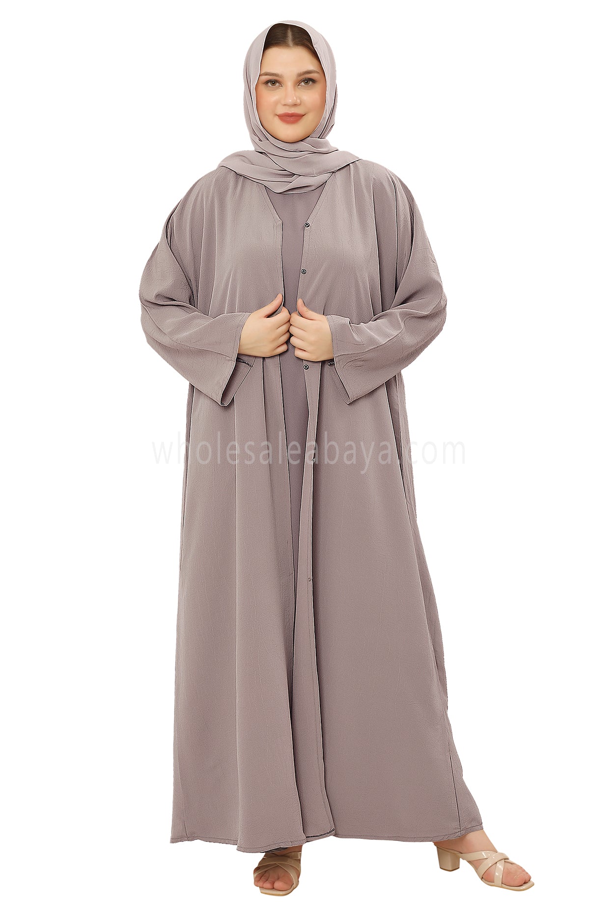 Front Open Abaya with Buttons Closure in Arwa Crush Crepe 30051 Sandstone