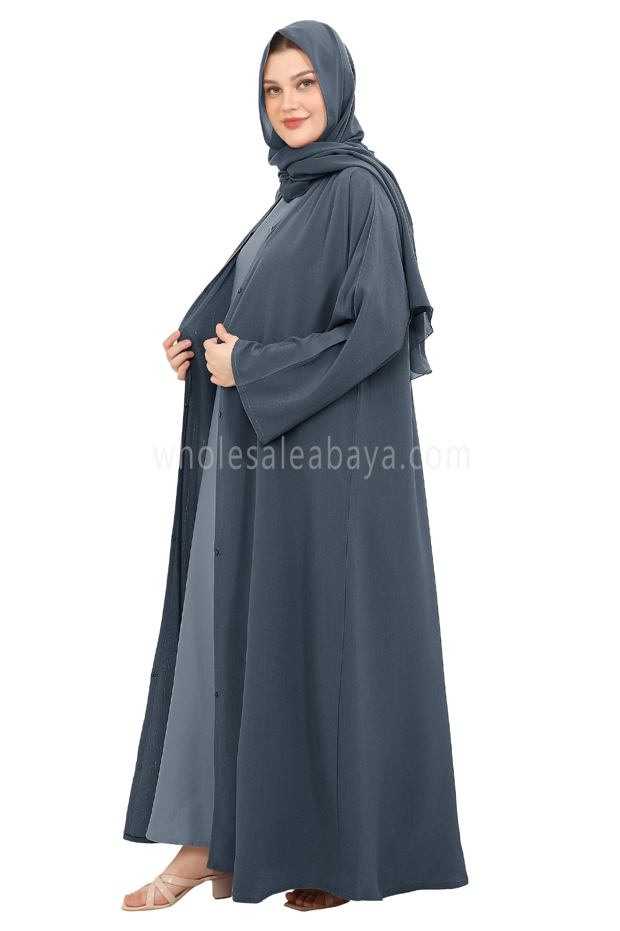Front Open Abaya with Buttons Closure in Arwa Crush Crepe 30051 Charcoal Blue