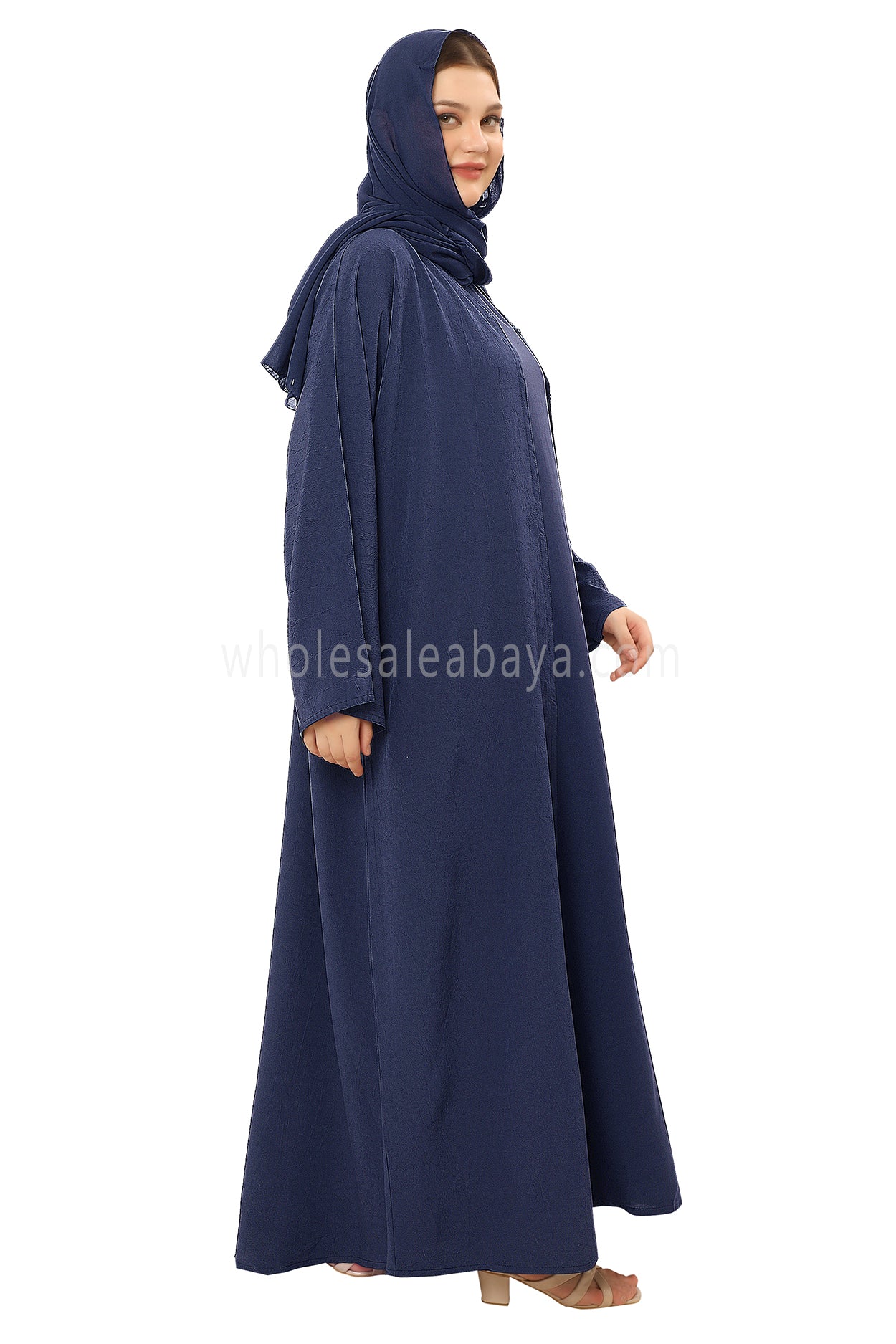 Front Open Abaya with Buttons Closure in Arwa Crush Crepe 30051 Smokey Blue