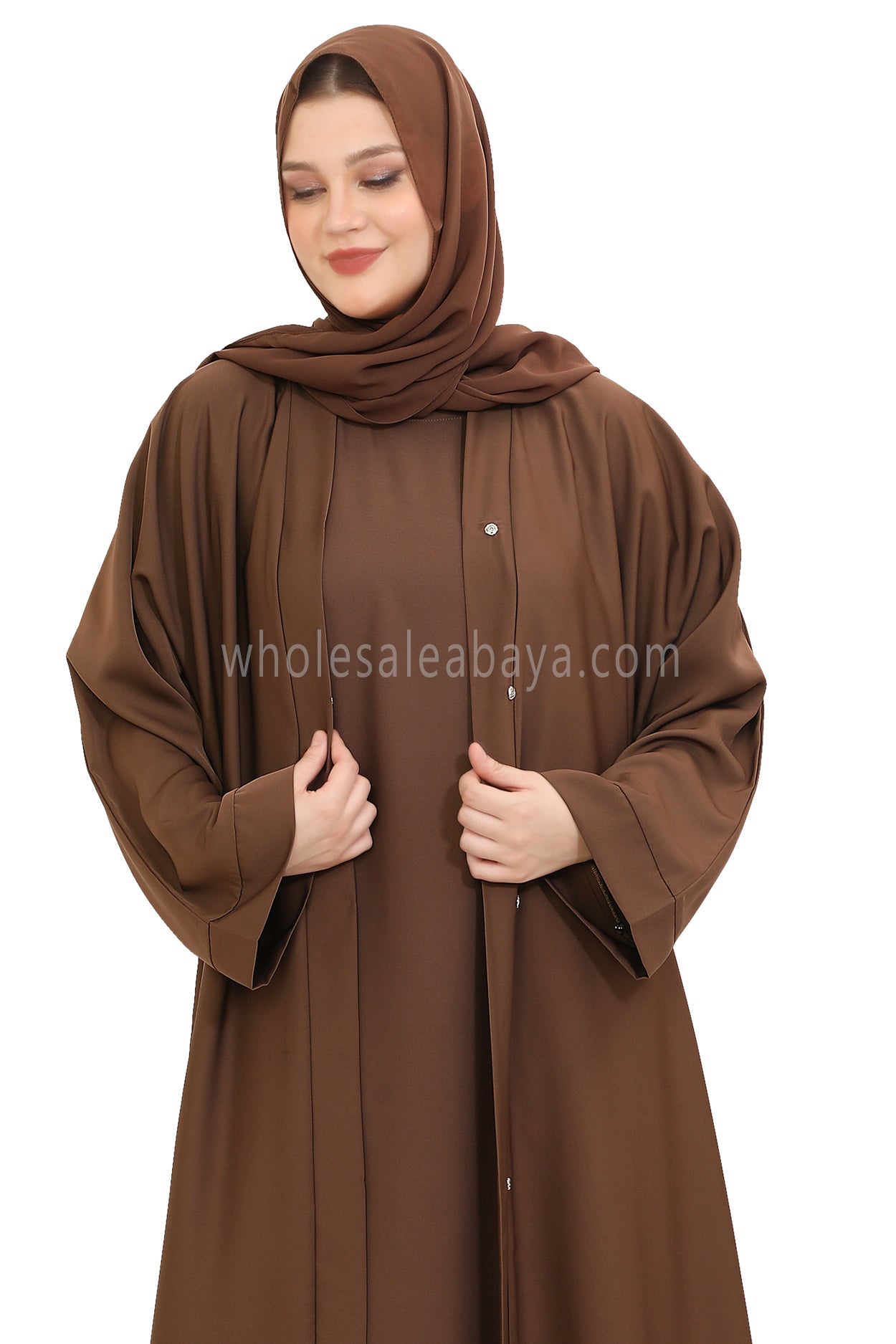 Front Open Nida Abaya with Buttons 30051 Chestnut Brown