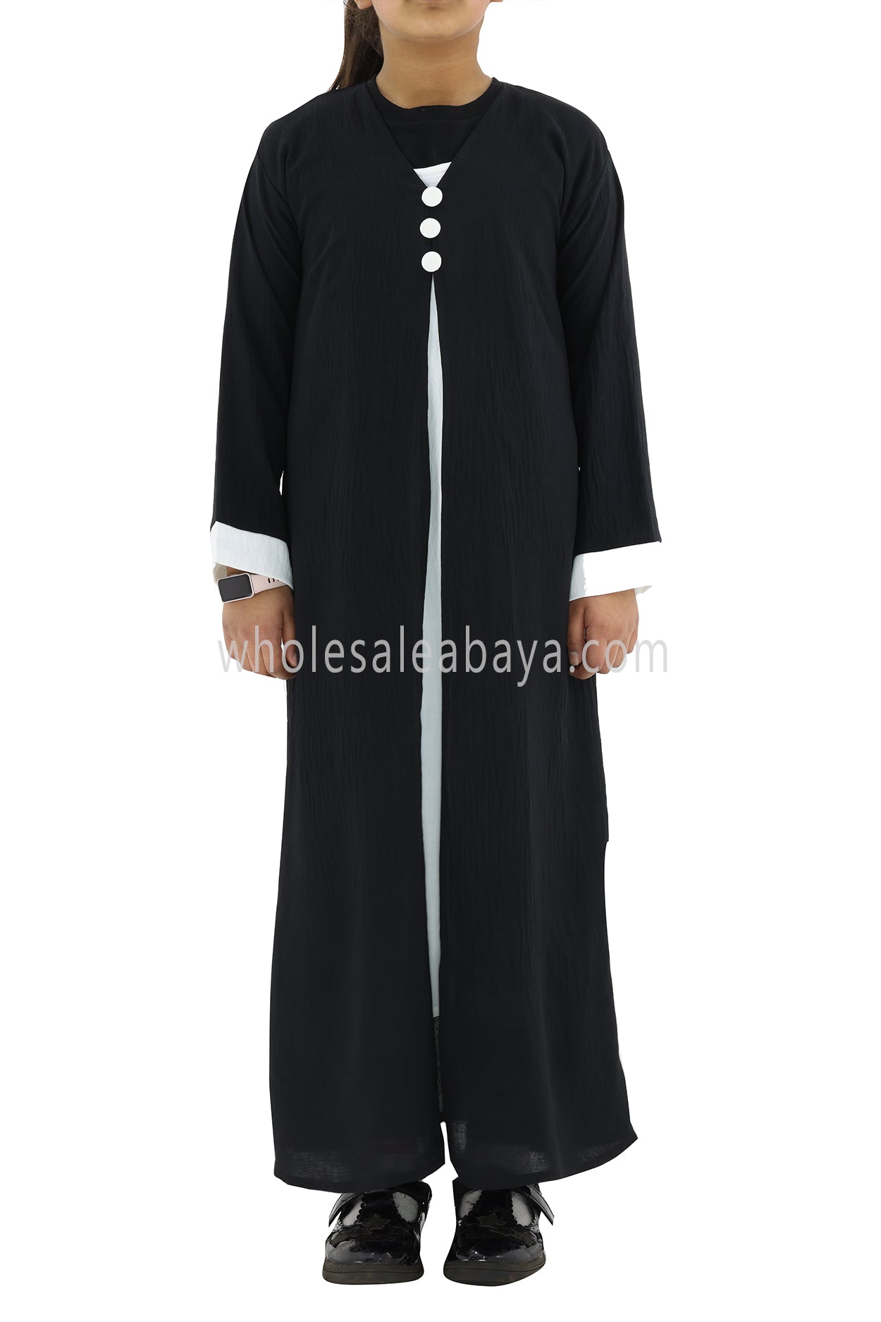 Girls 2 IN 1 Front Open Abaya With attached Inner Slip Dress Black