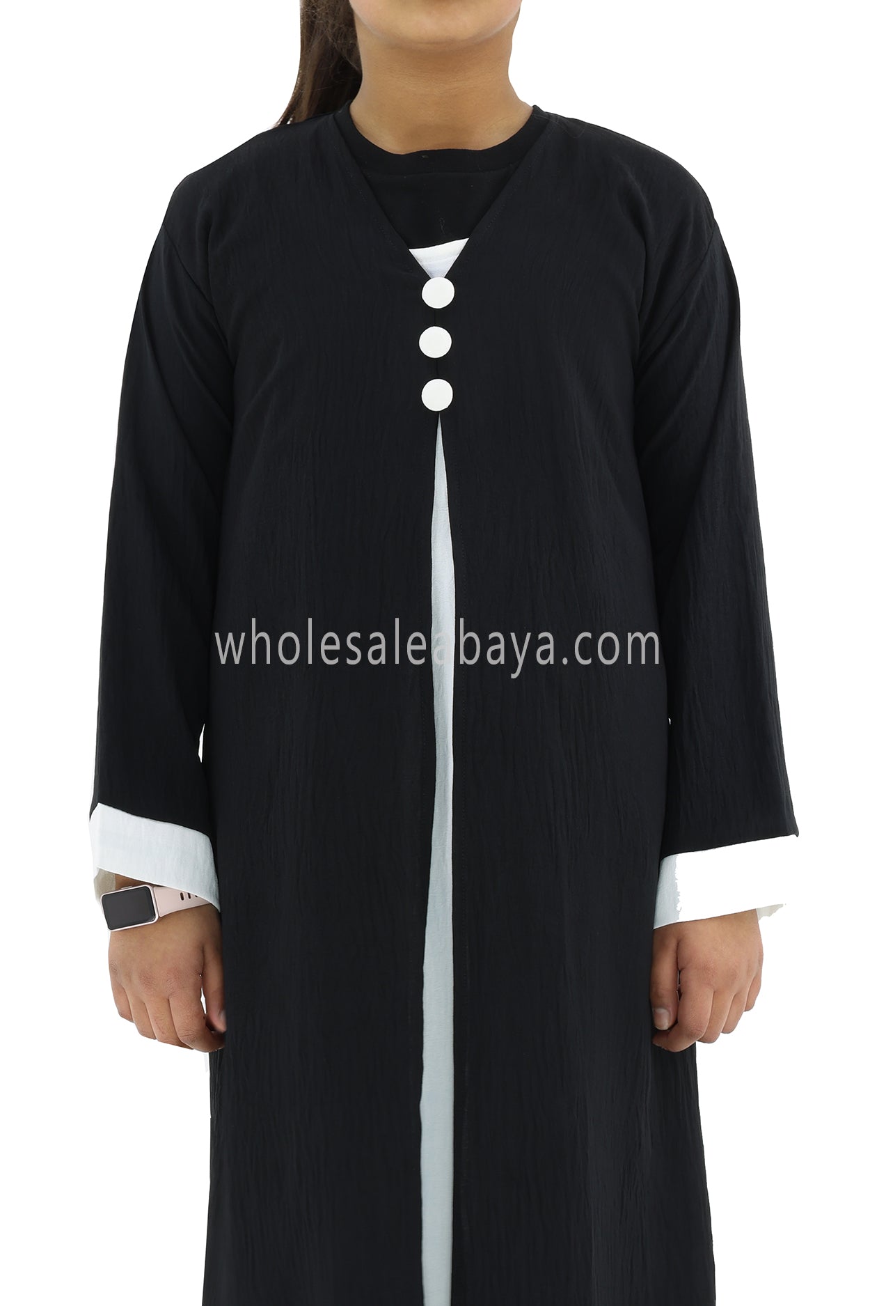 Girls 2 IN 1 Front Open Abaya With attached Inner Slip Dress Black