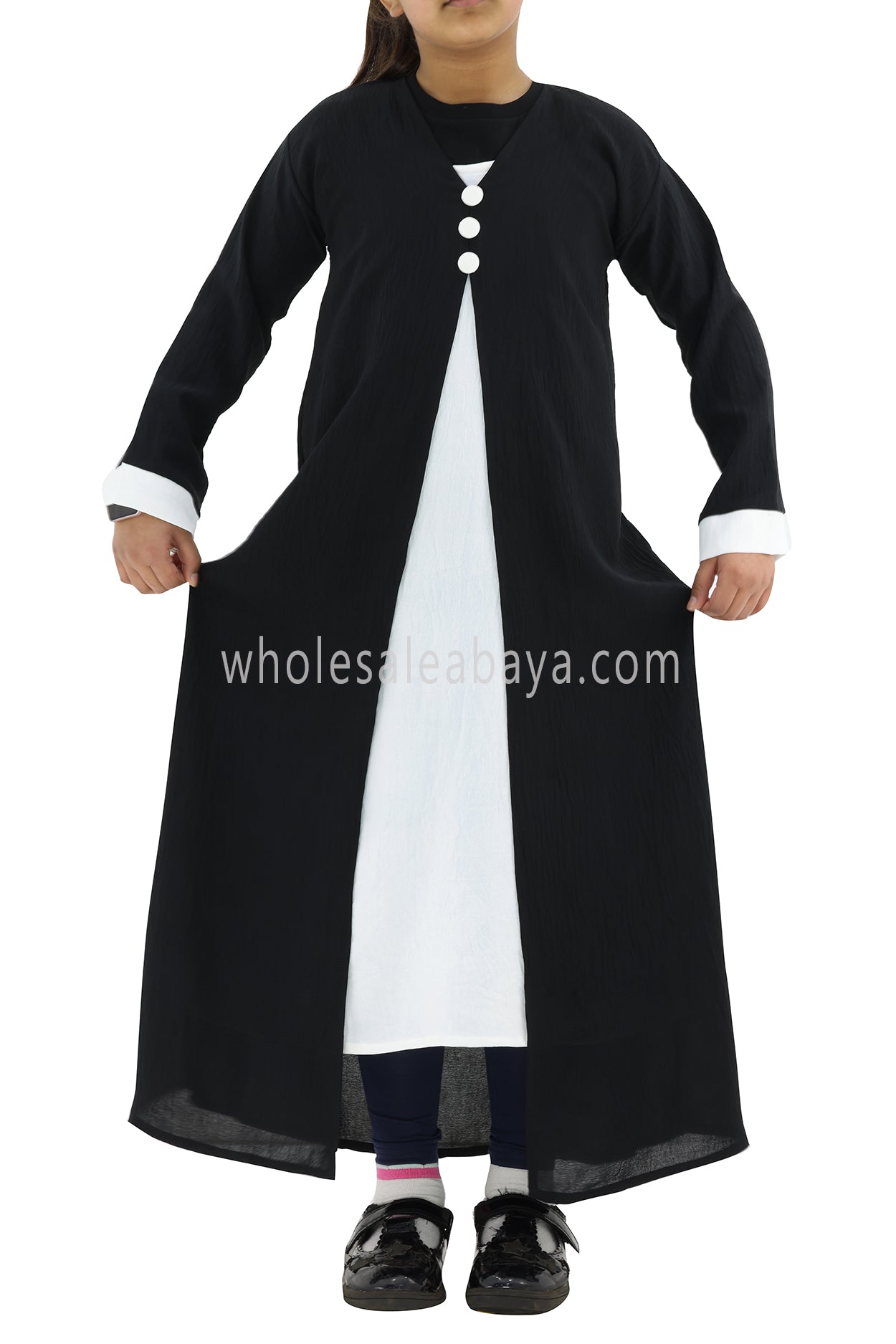Girls 2 IN 1 Front Open Abaya With attached Inner Slip Dress Black