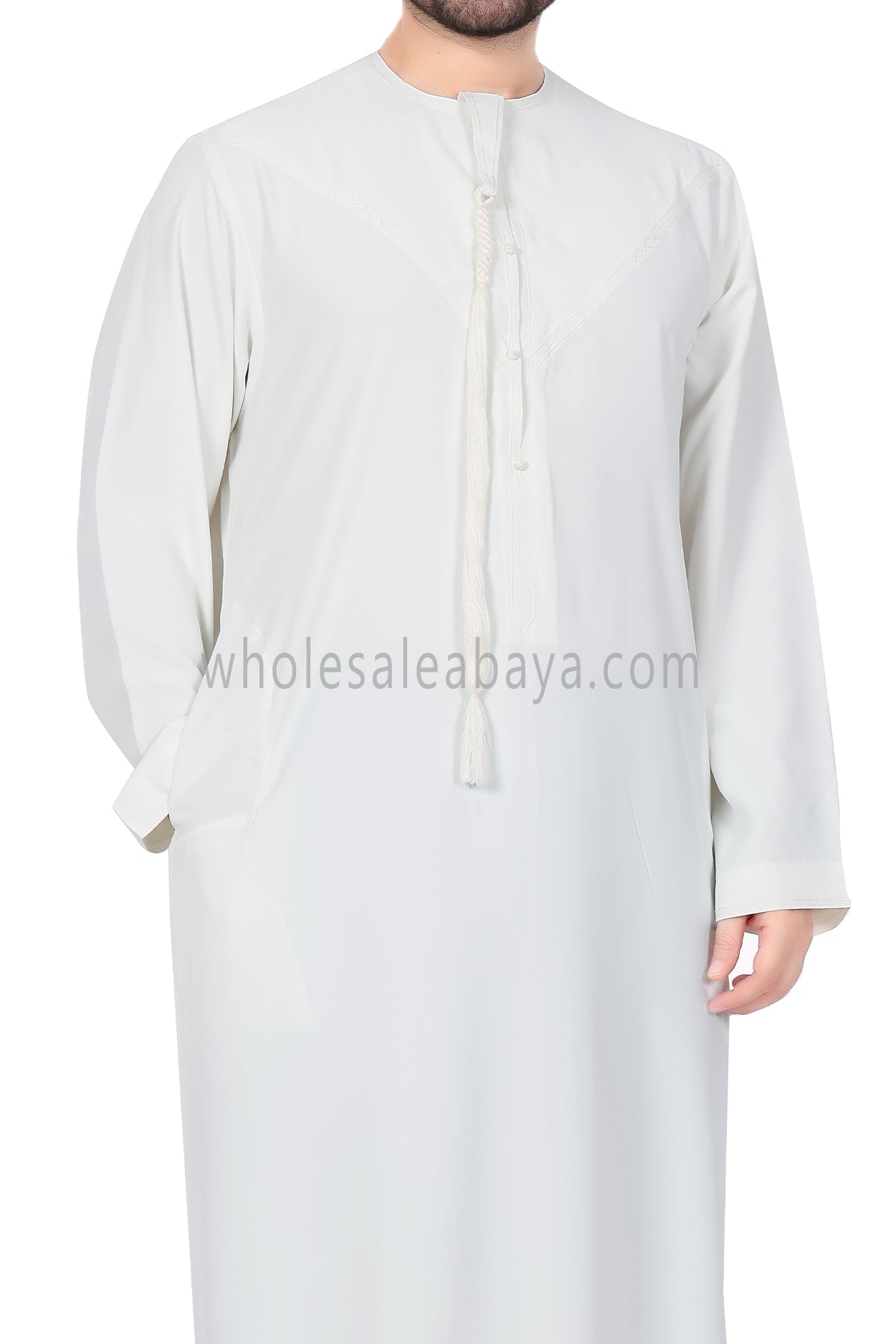Men's Premium Emirati Thoube With Buttons & Tassel Off White