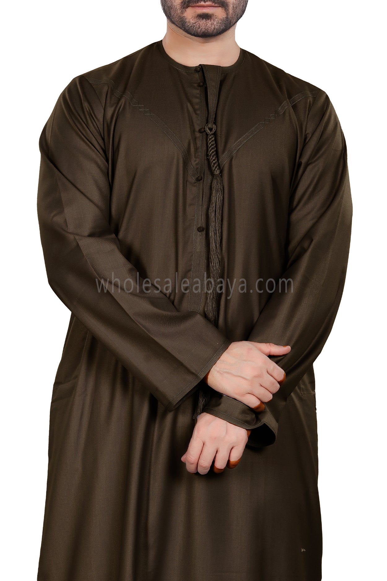 Men's Premium Emirati Thoube With Zip & Tassel Olive Green