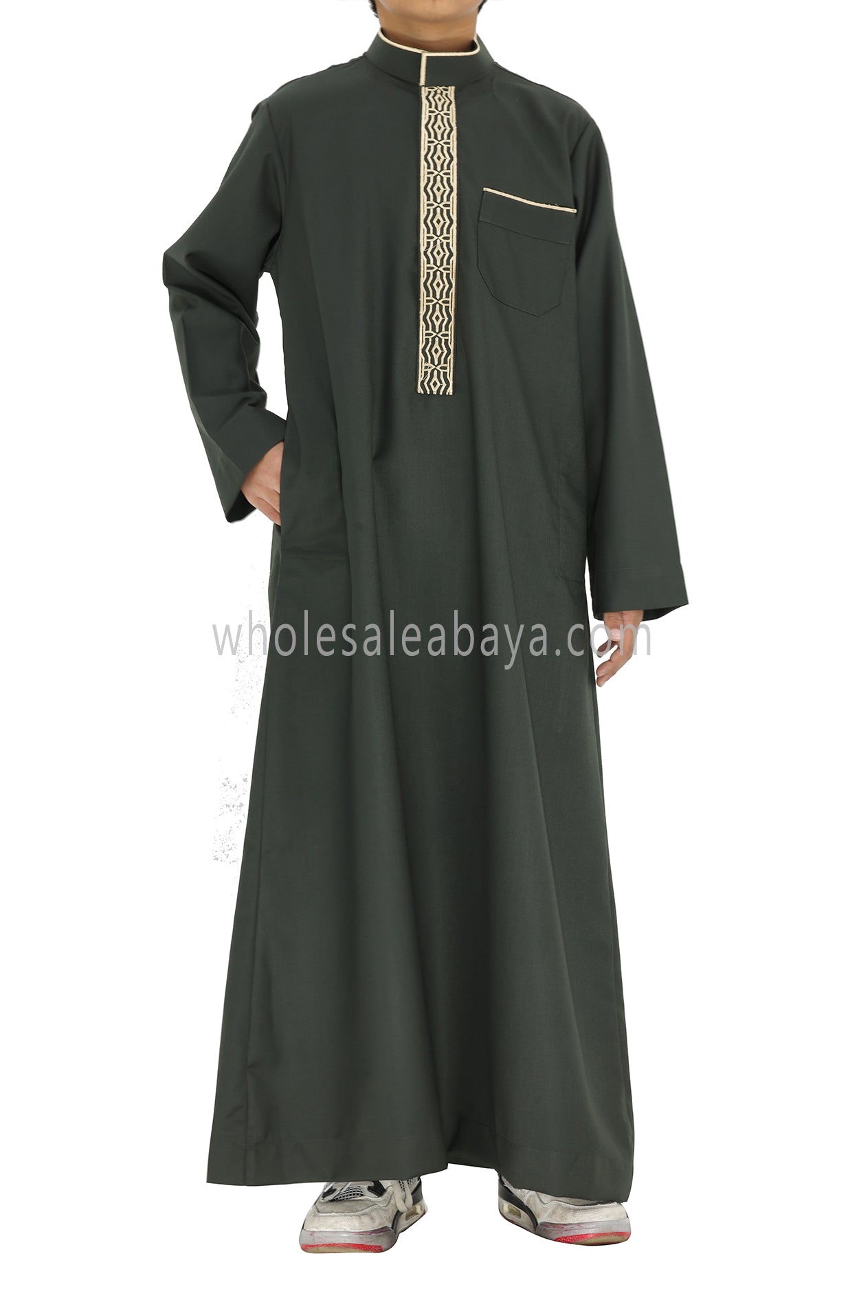 Boy's Elegant Collar Thoube With Embroidery Khaki Green