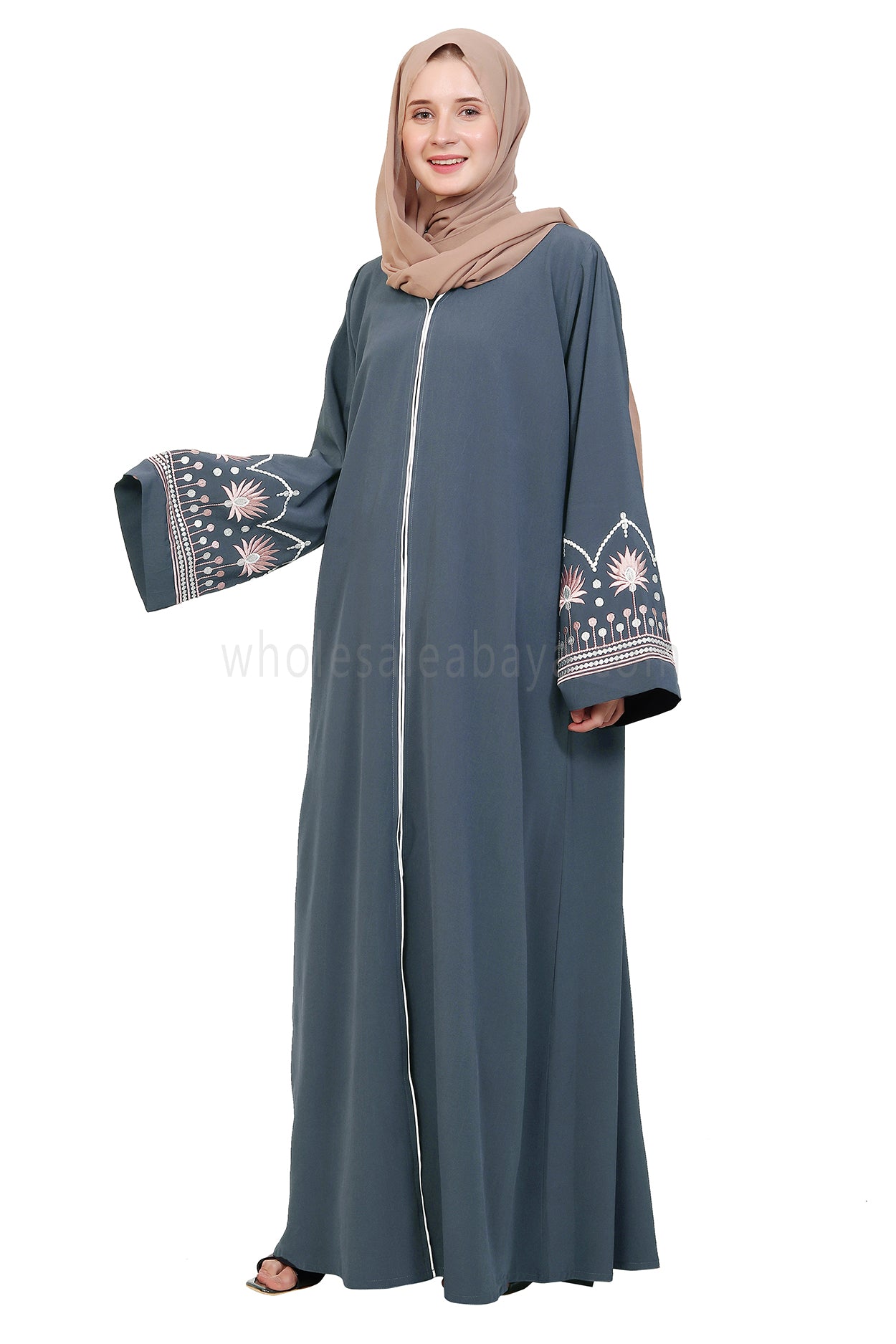 Open Abaya With Embroidered Sleeves 30527