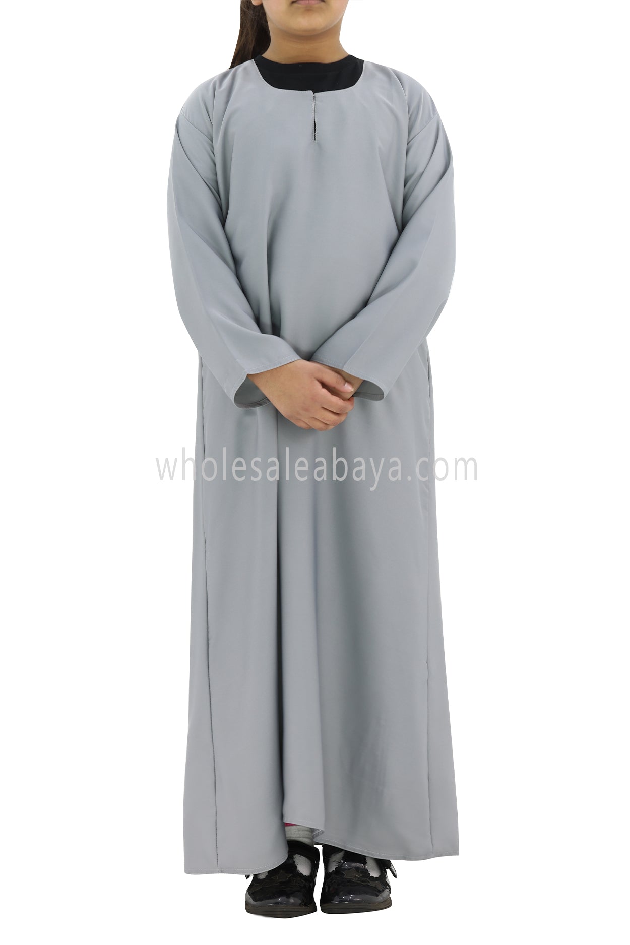Girls Closed Plain Abaya With Straight Cut Light Grey