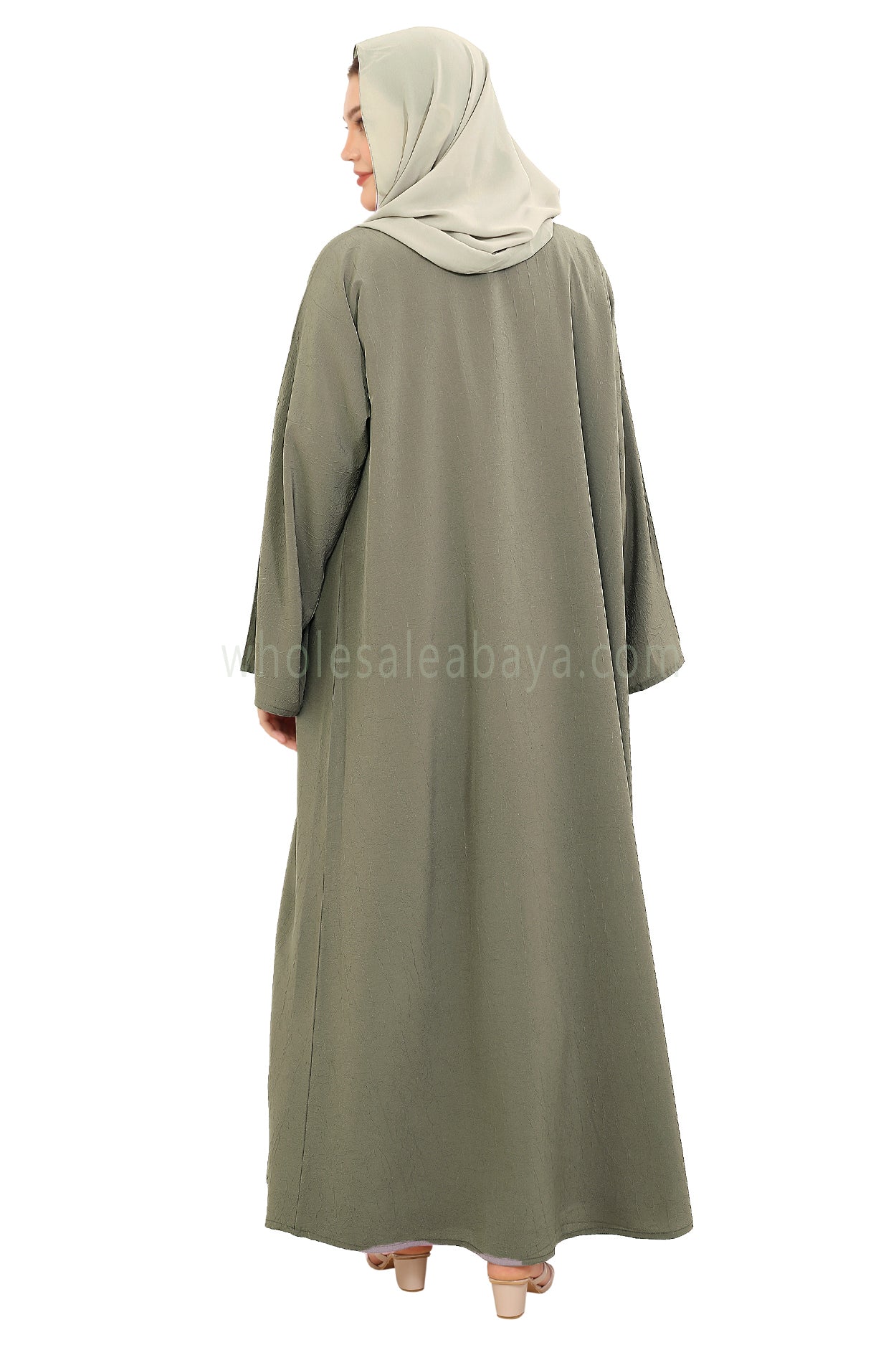 Front Open Abaya with Buttons Closure in Arwa Crush Crepe 30051 Greyish Olive