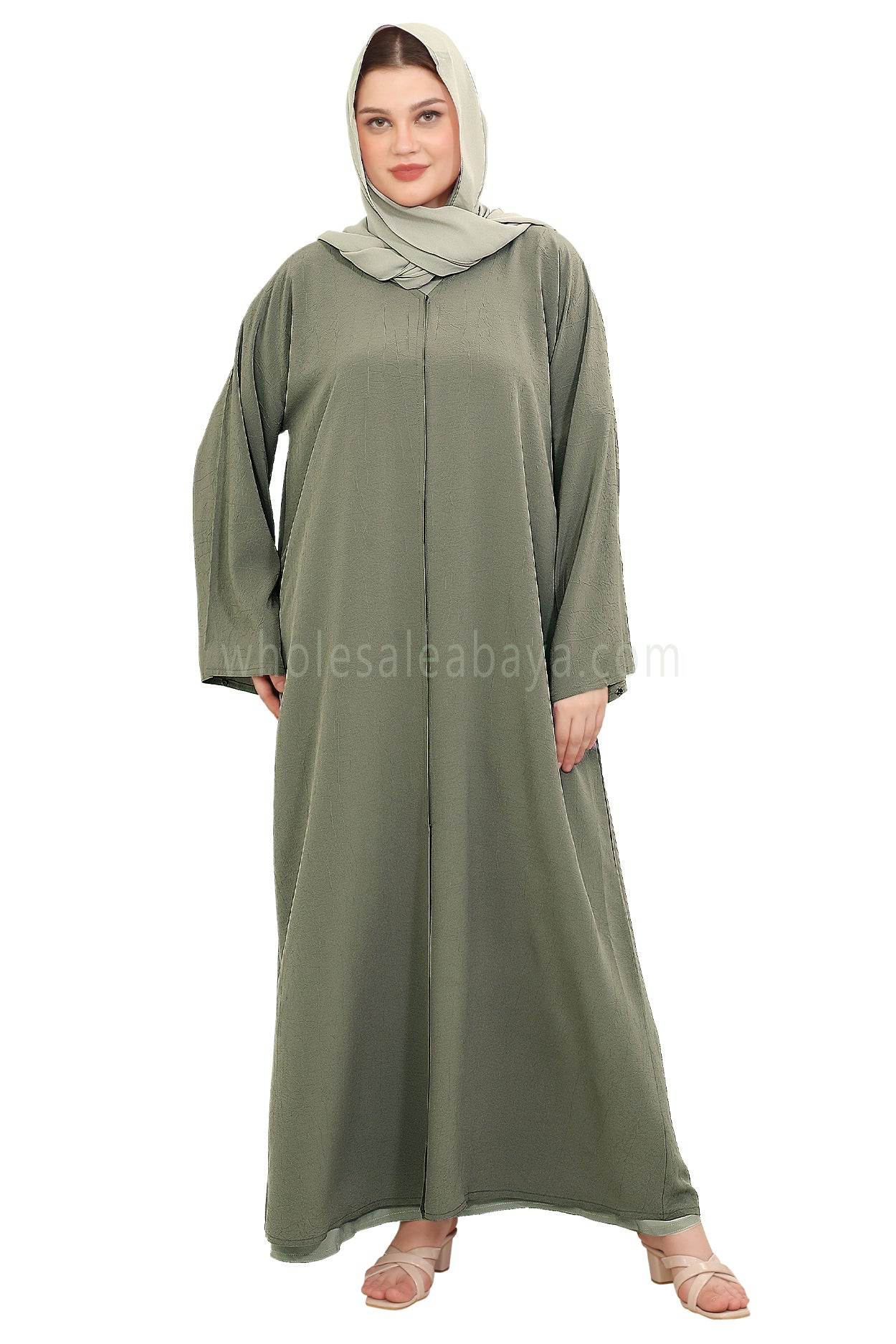 Front Open Abaya with Buttons Closure in Arwa Crush Crepe 30051 Greyish Olive