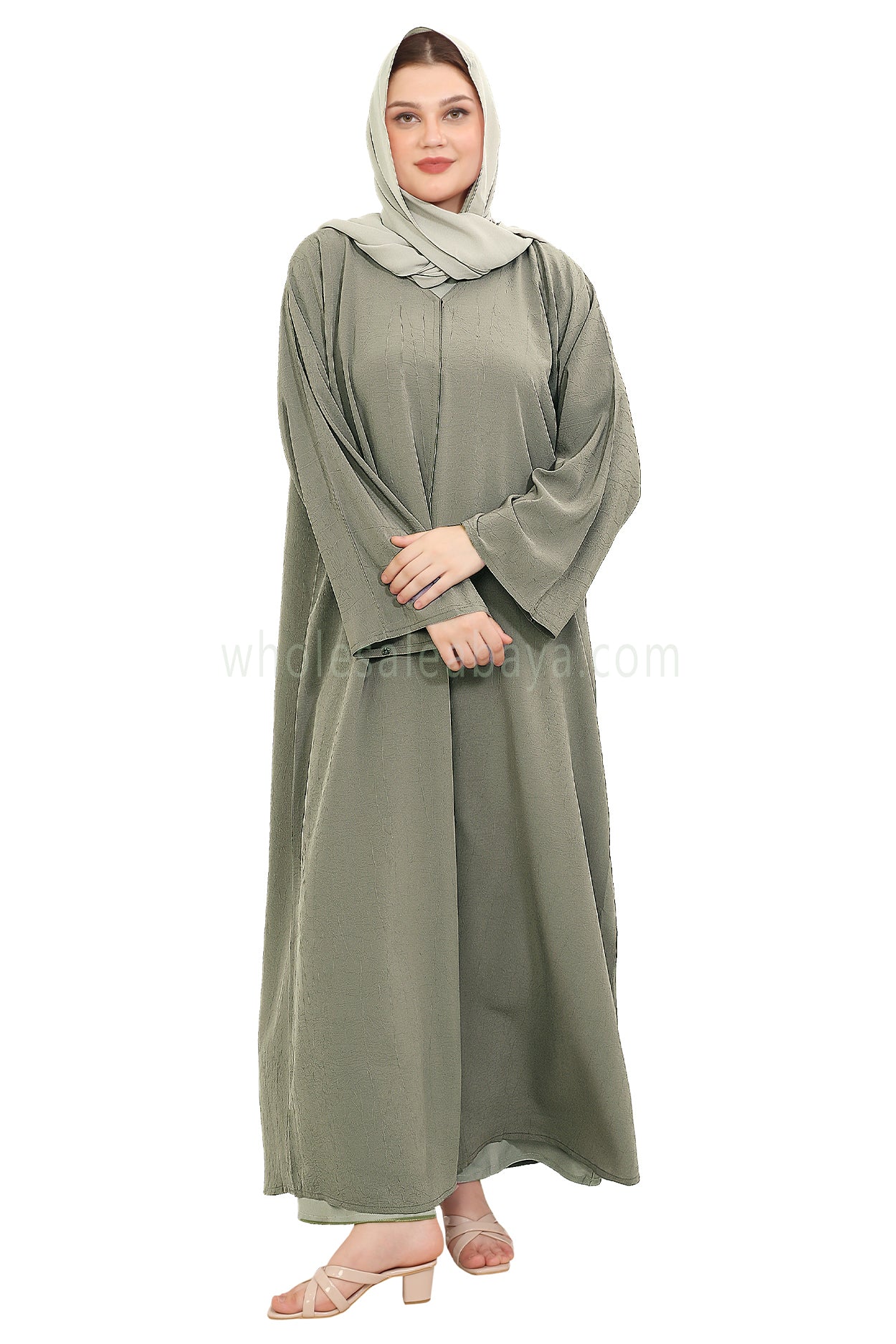 Front Open Abaya with Buttons Closure in Arwa Crush Crepe 30051 Greyish Olive