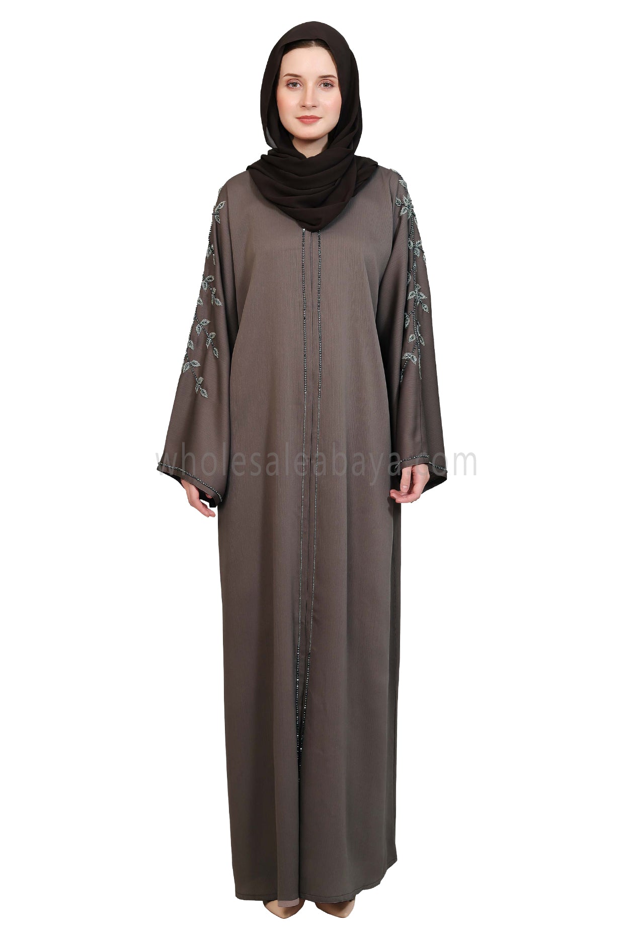 Open Abaya Style With Leaf Handwork Grey