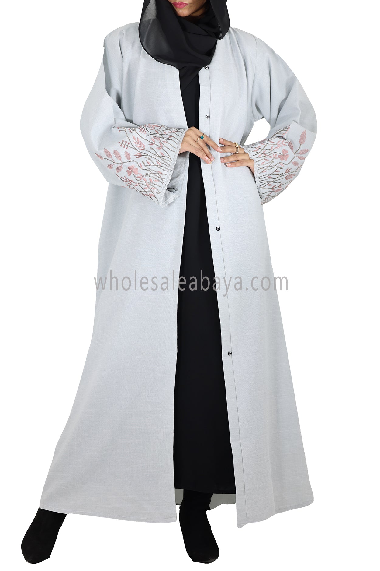 Premium Front Open Abaya With Embroidered Sleeve Melange