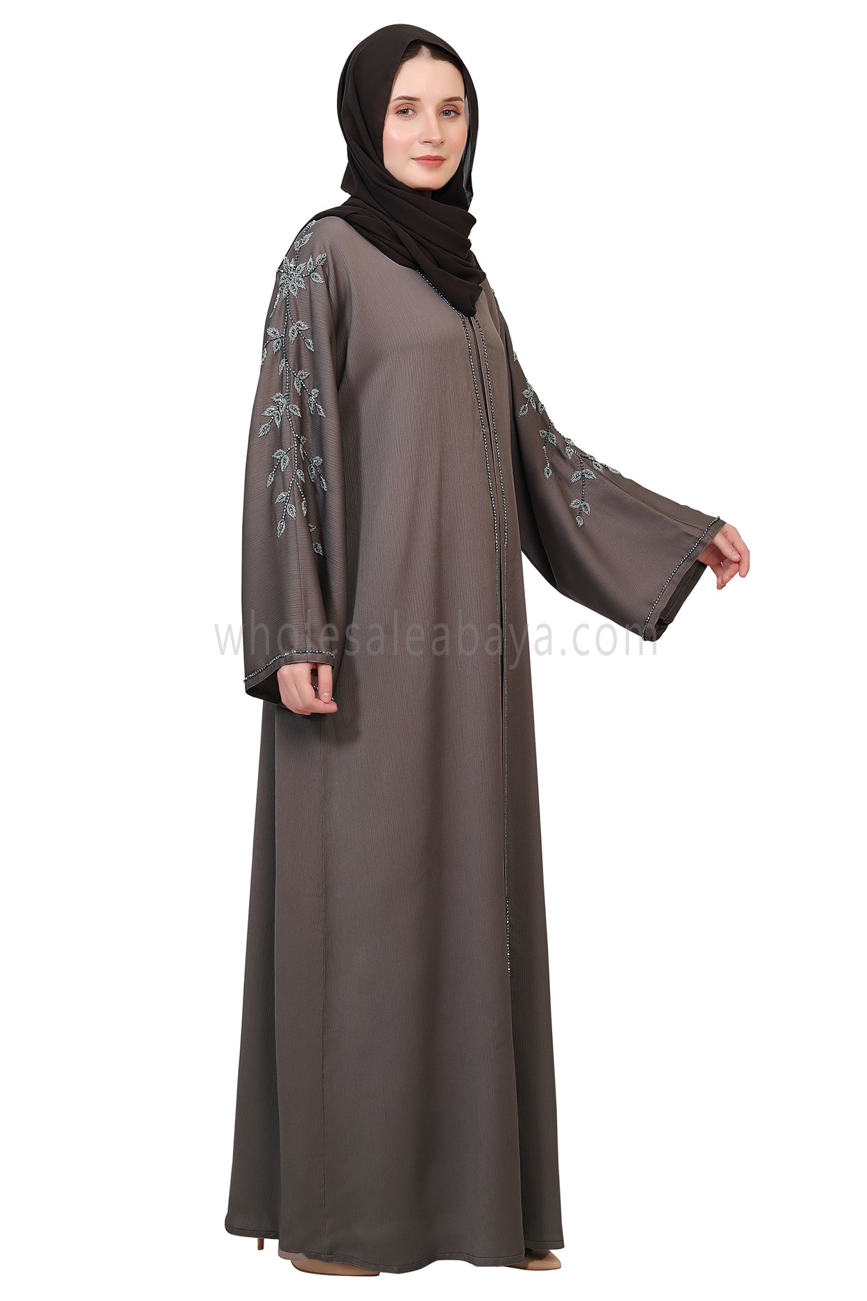 Open Abaya Style With Leaf Handwork Grey