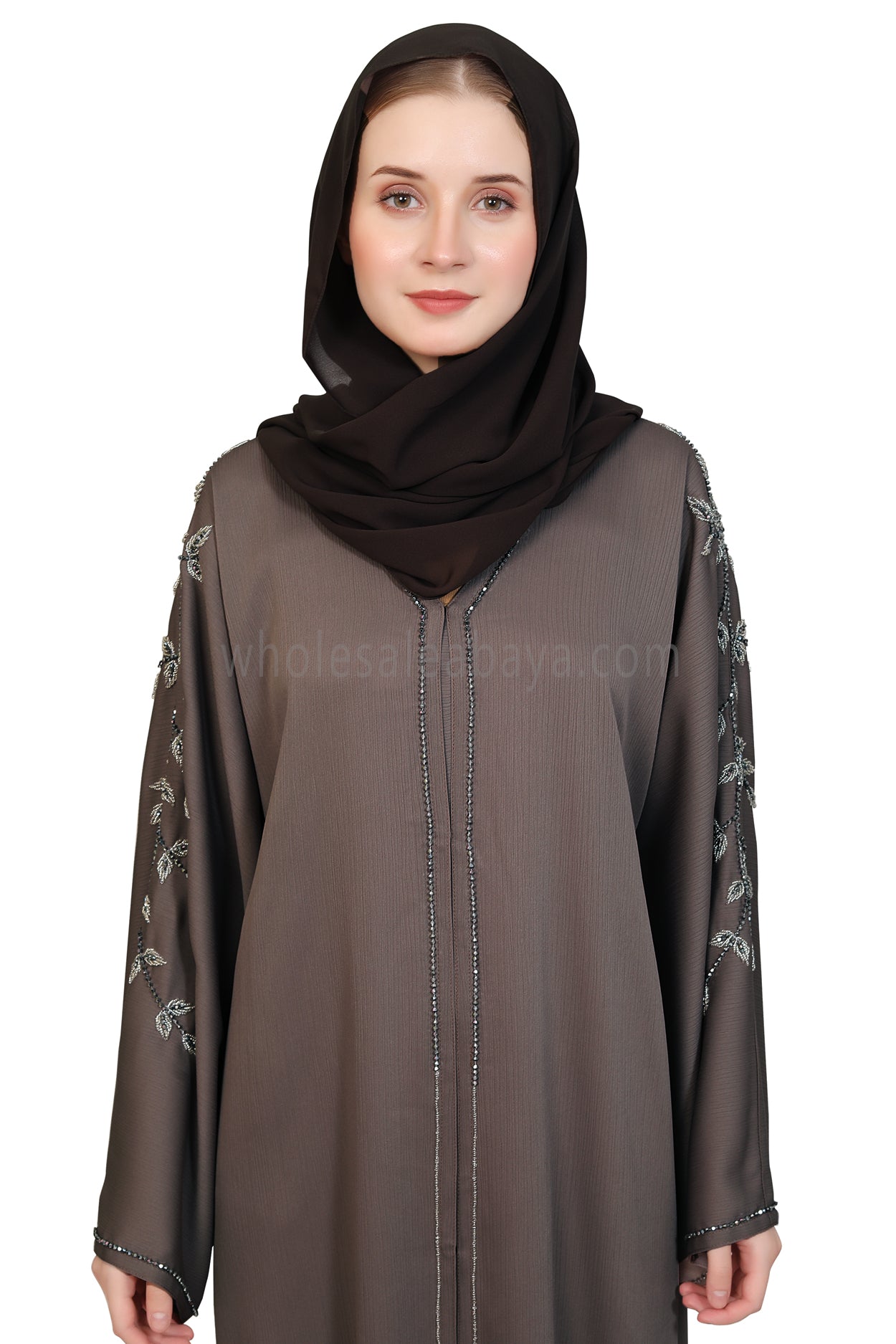 Open Abaya Style With Leaf Handwork Grey