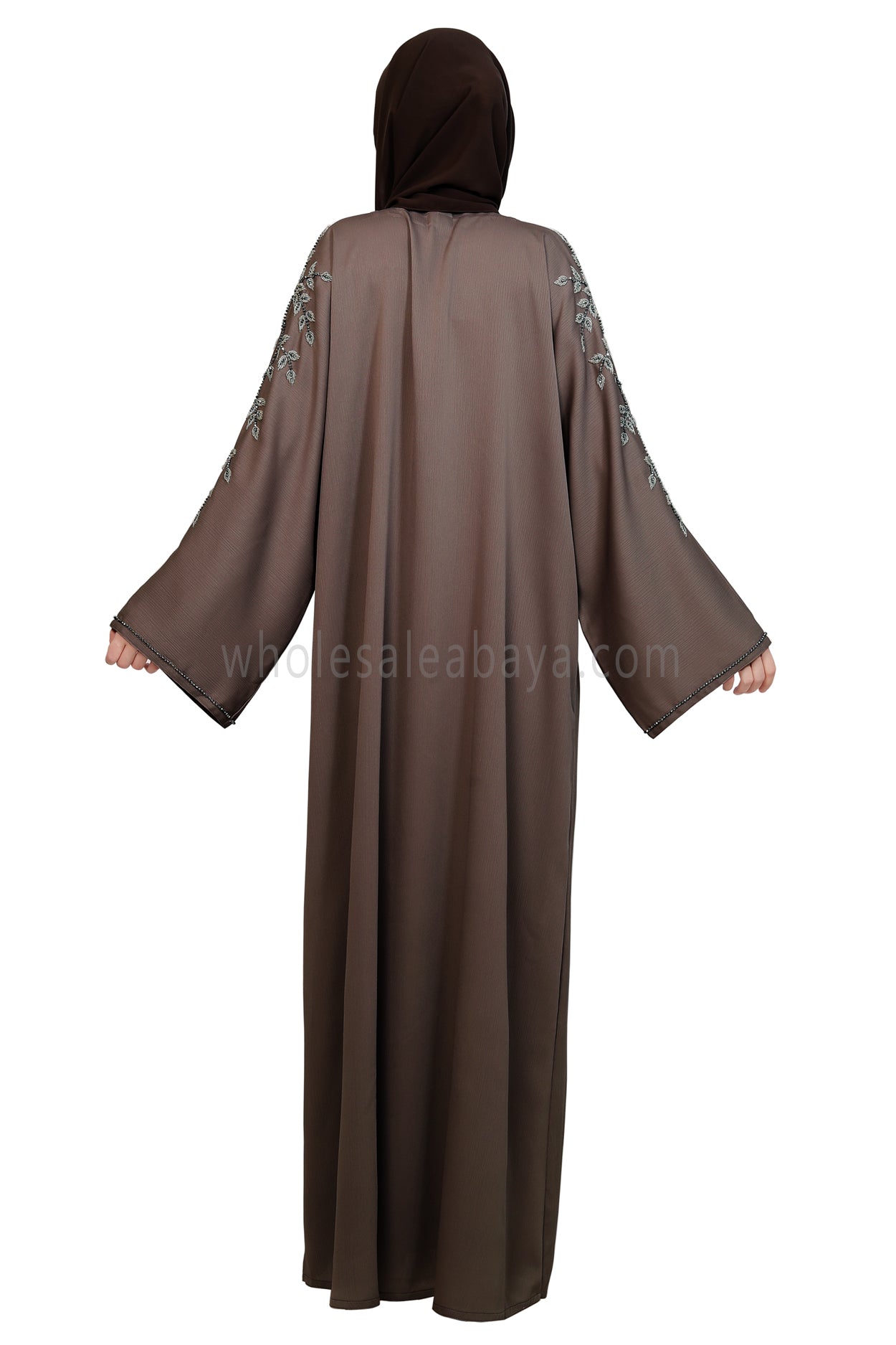 Open Abaya Style With Leaf Handwork Grey