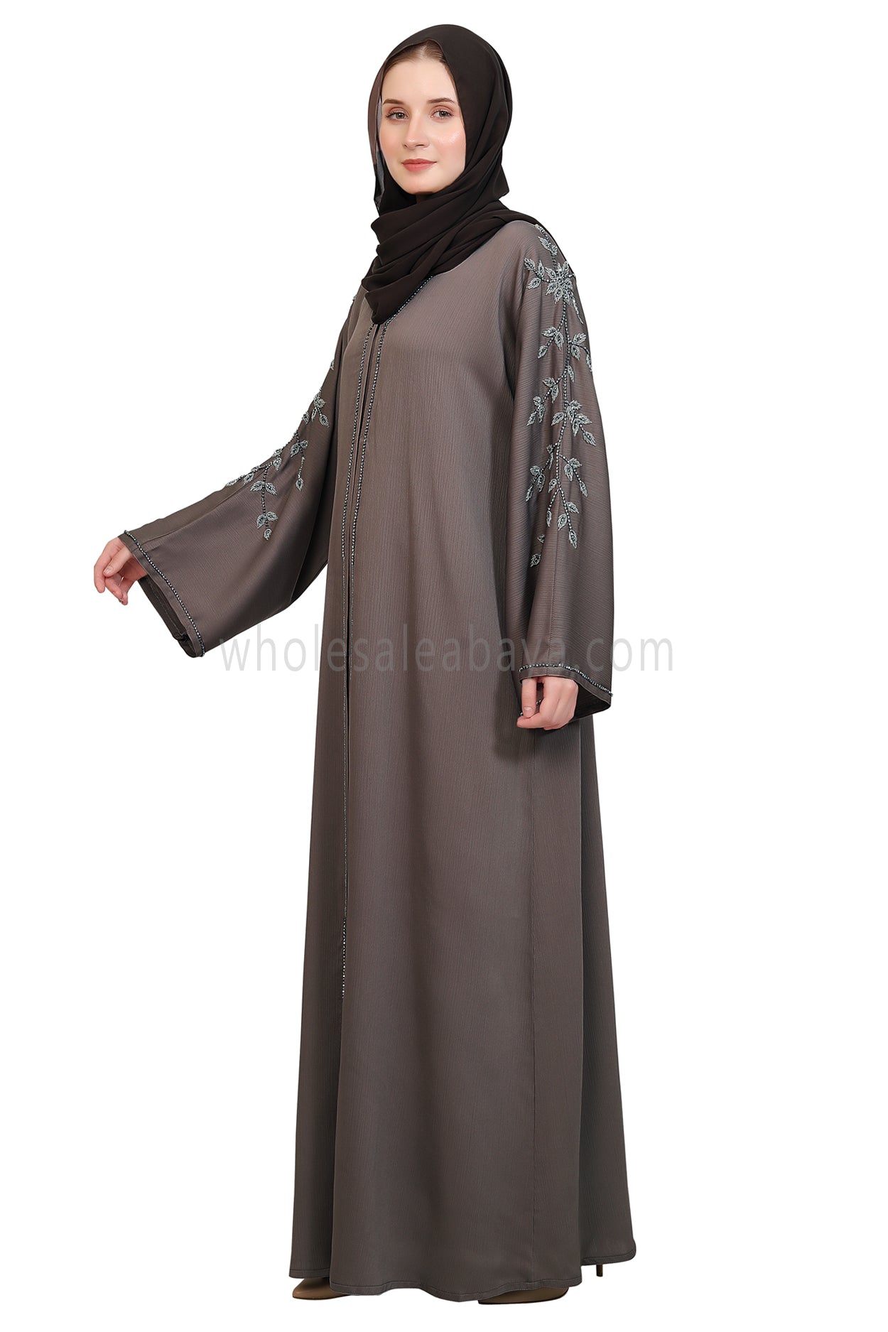 Open Abaya Style With Leaf Handwork Grey