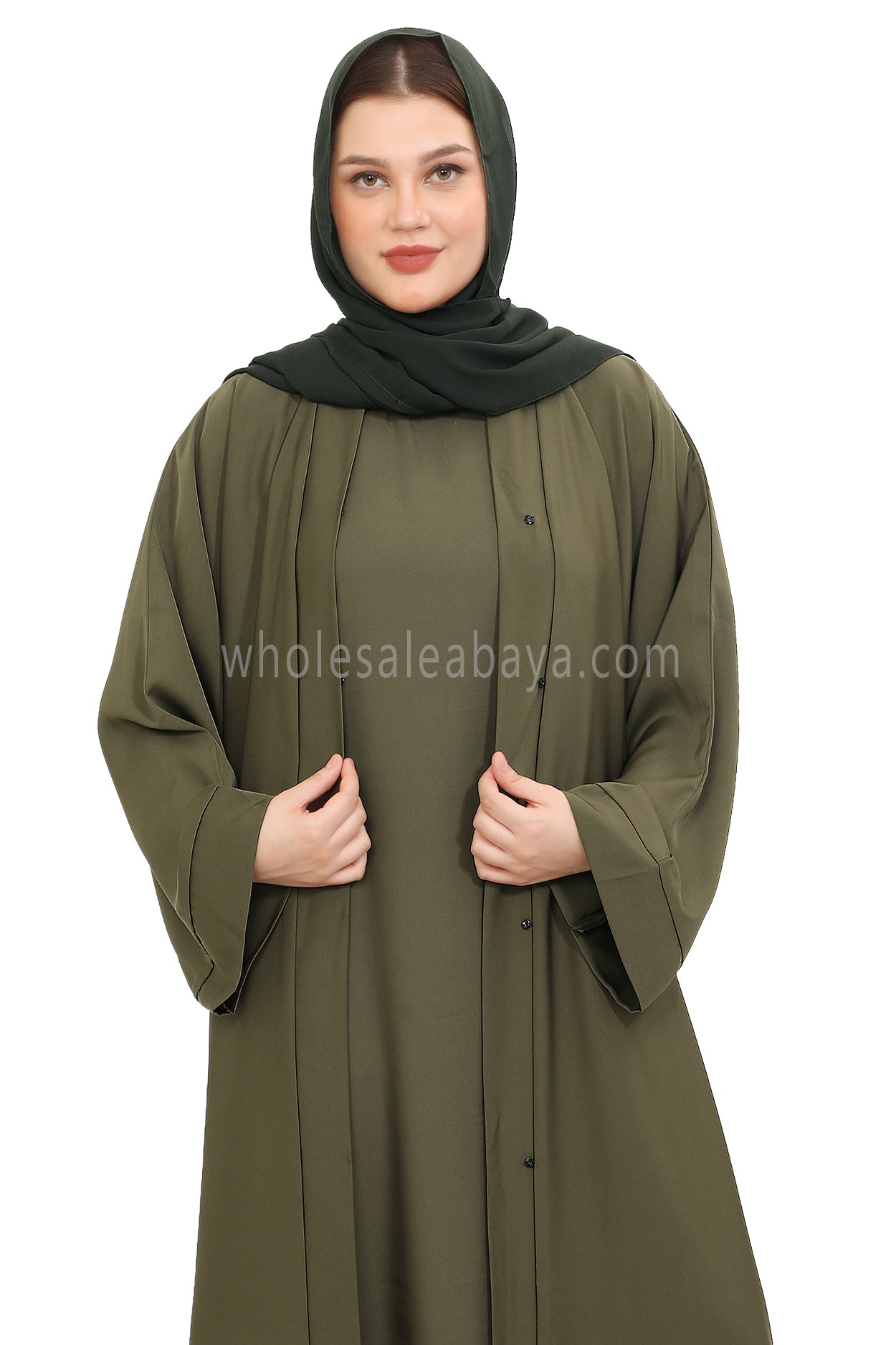 Front Open Nida Abaya with Buttons 30051 Olive Green