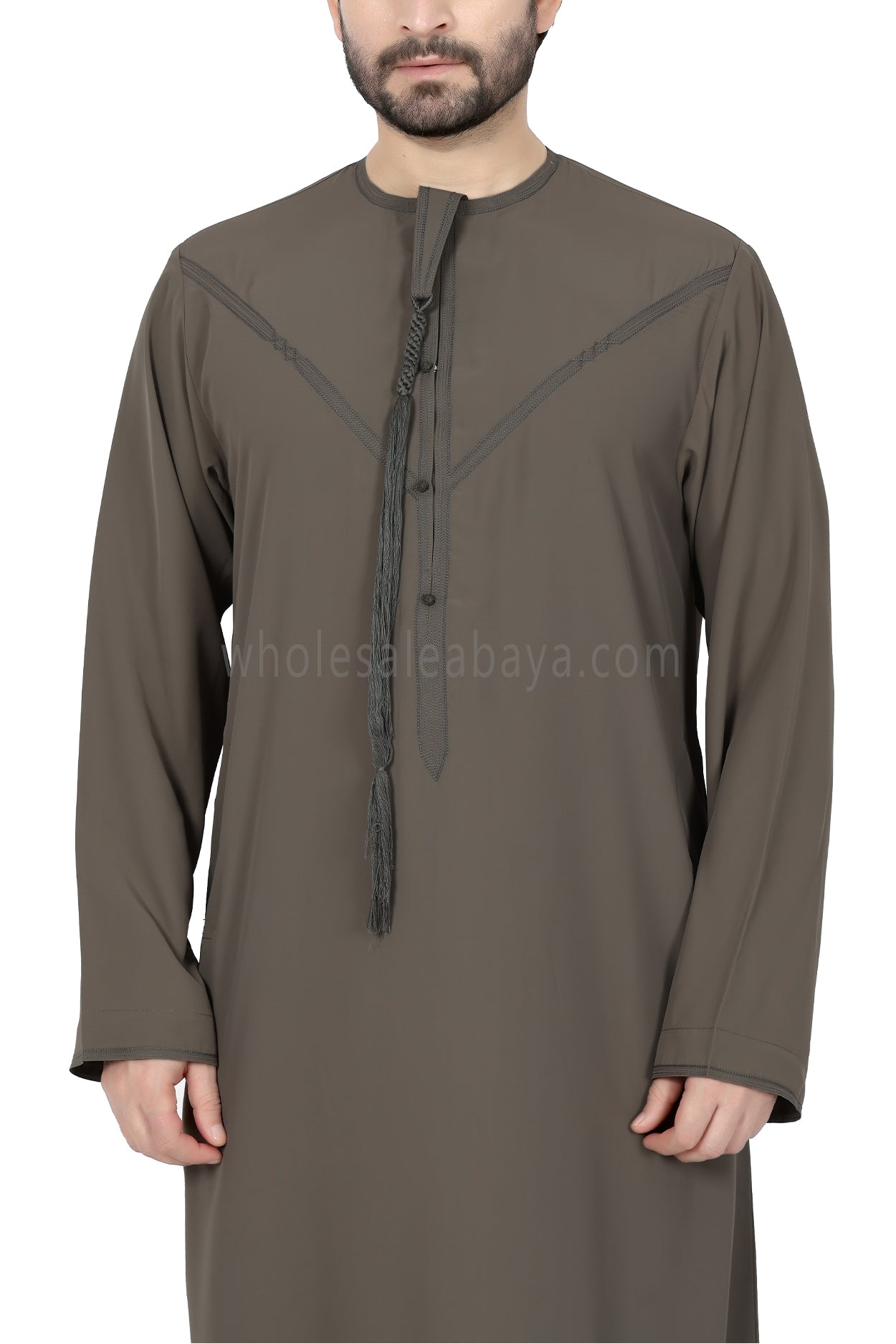 Men's Premium Emirati Thoube With Buttons & Tassel Olive Green