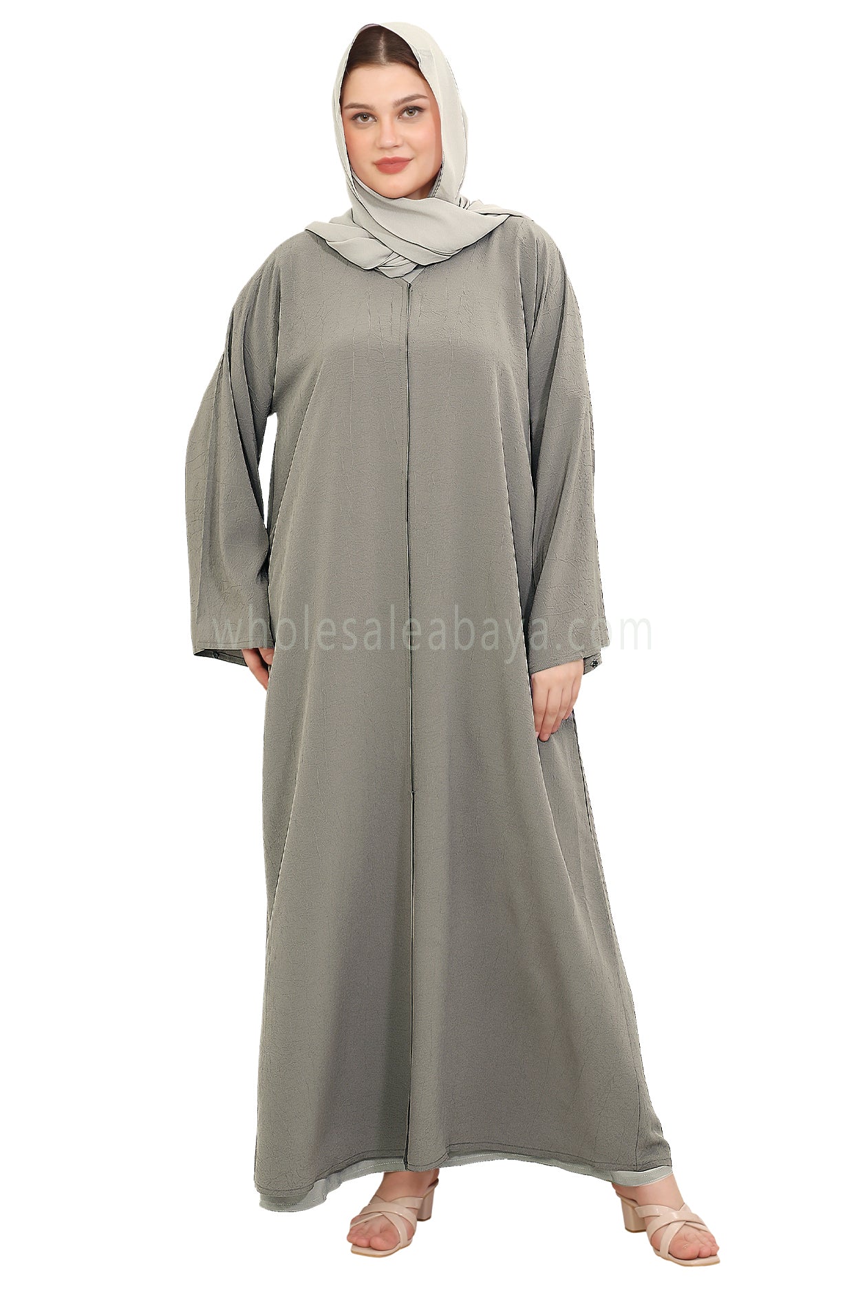 Front Open Abaya with Buttons Closure in Arwa Crush Crepe 30051 Sage Green