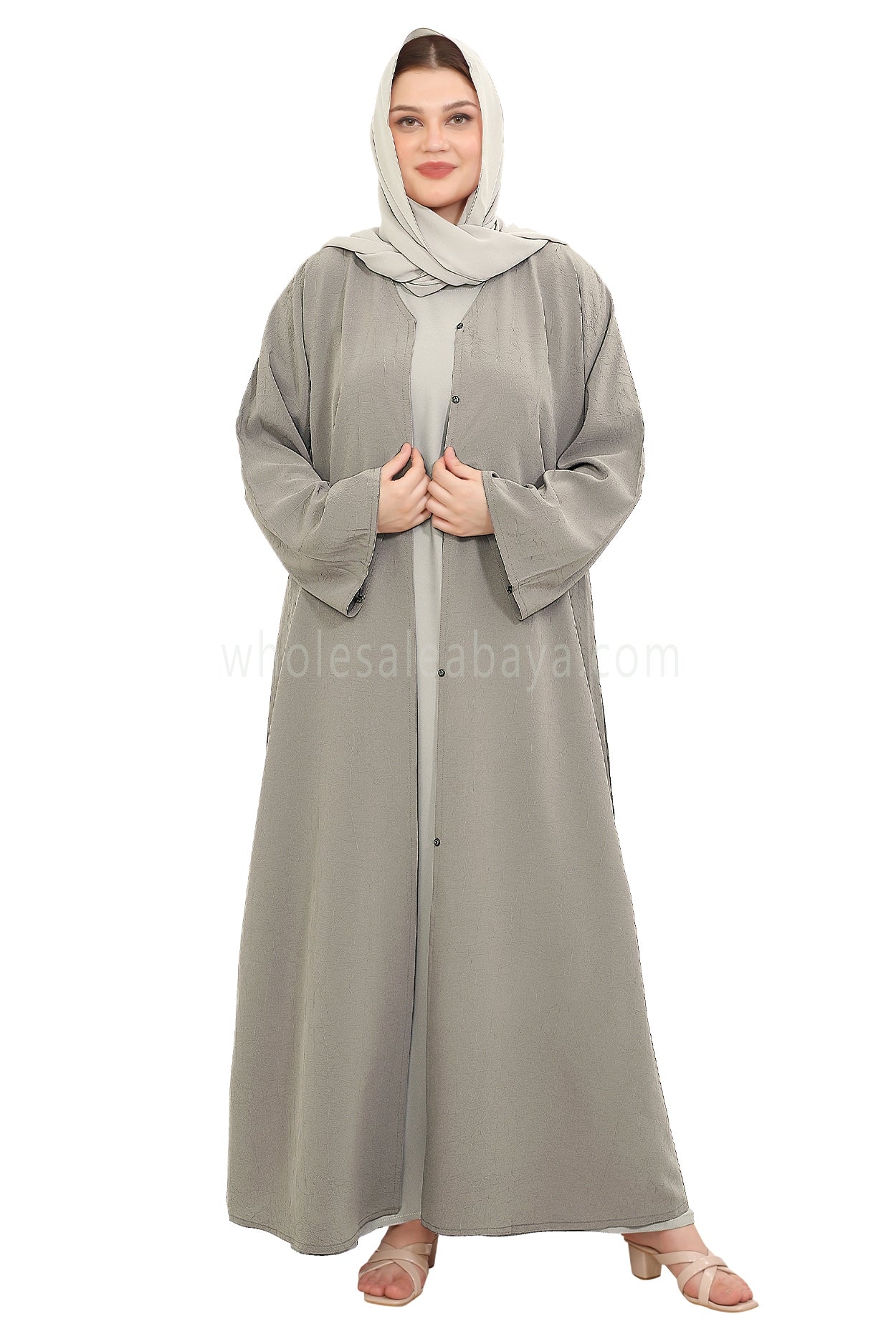 Front Open Abaya with Buttons Closure in Arwa Crush Crepe 30051 Sandstone