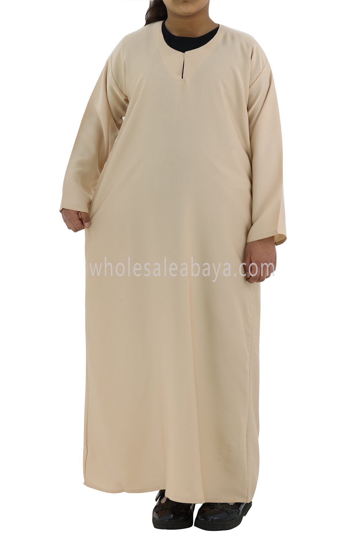 Girls Closed Plain Abaya With Straight Cut Sand Beige