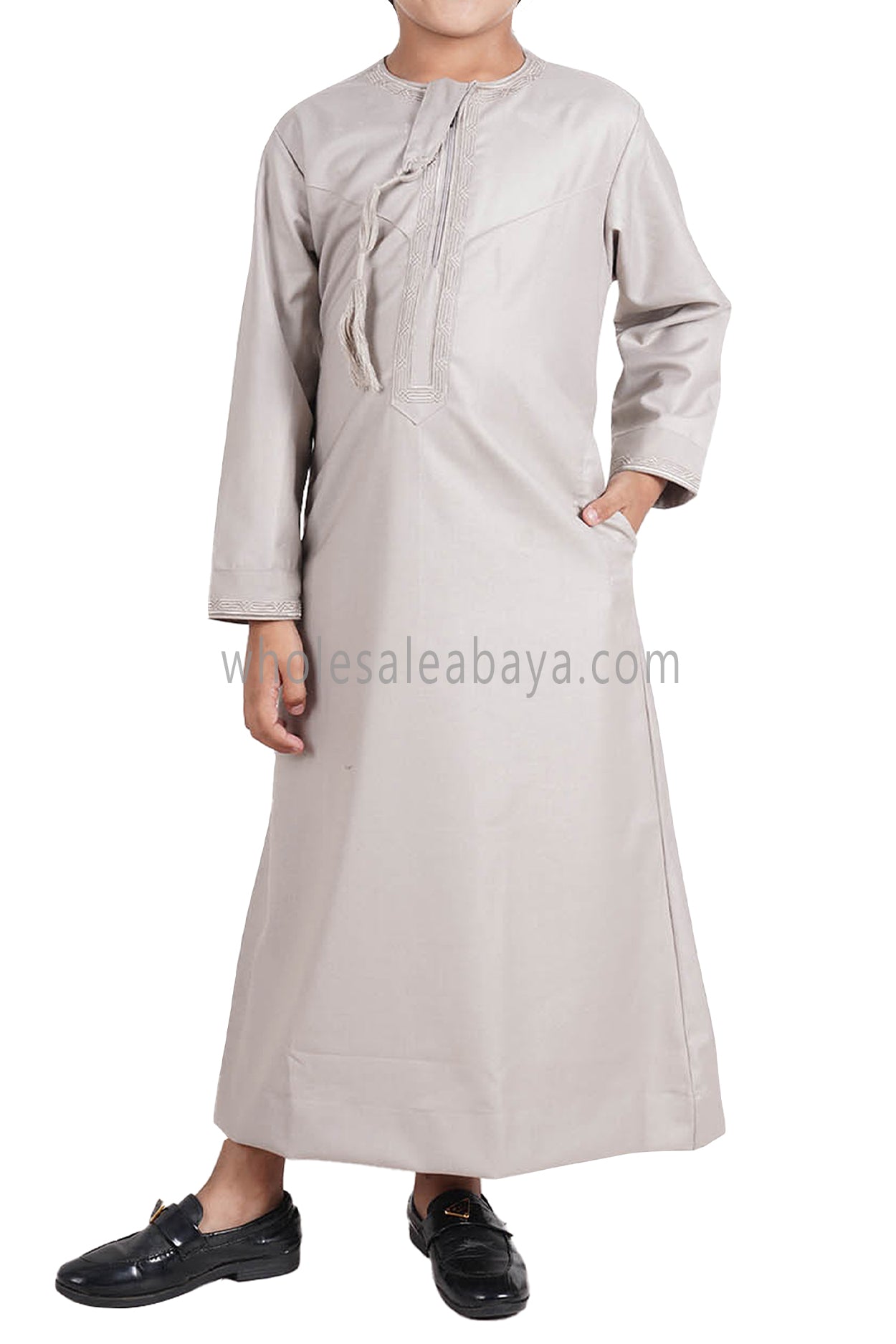Boy's Omani Thoube With Designer Embroidery and Tassel Stone Beige