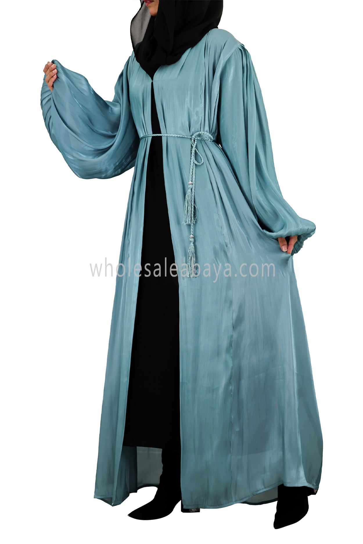 Women's Premium Organza Abaya With Balloon Sleeves Teal Blue