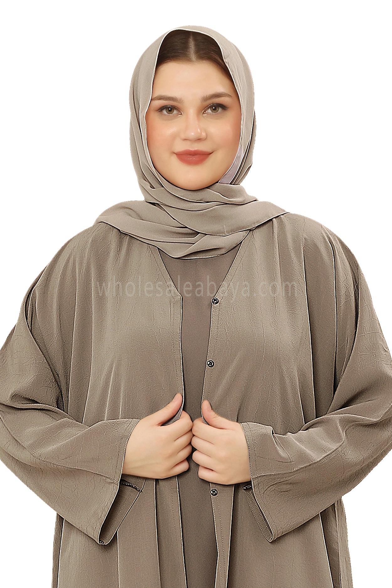 Front Open Abaya with Buttons Closure in Arwa Crush Crepe 30051 Wheat Grass