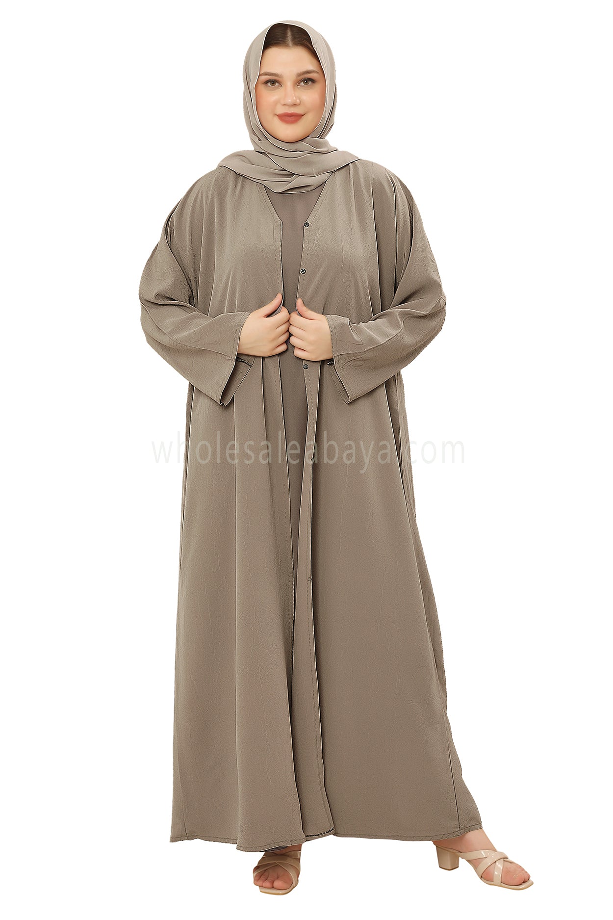 Front Open Abaya with Buttons Closure in Arwa Crush Crepe 30051 Wheat Grass