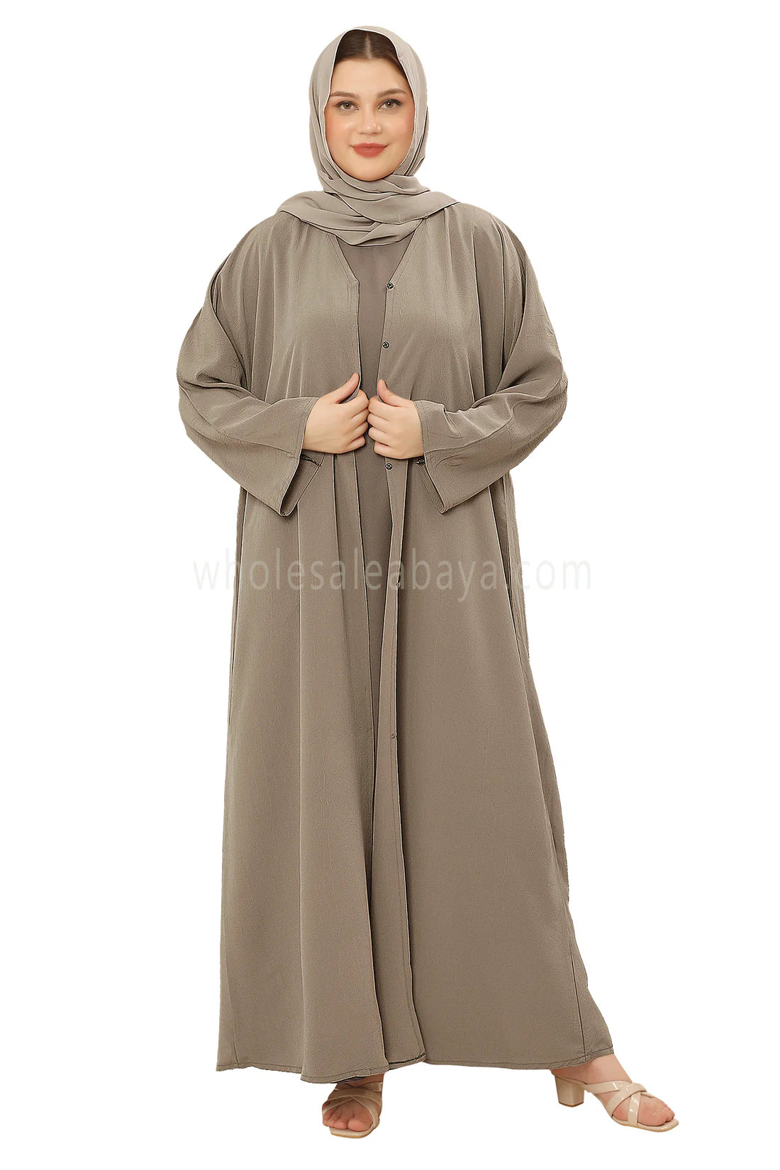 Front Open Abaya with Buttons Closure in Arwa Crush Crepe 30051 Greyish Olive