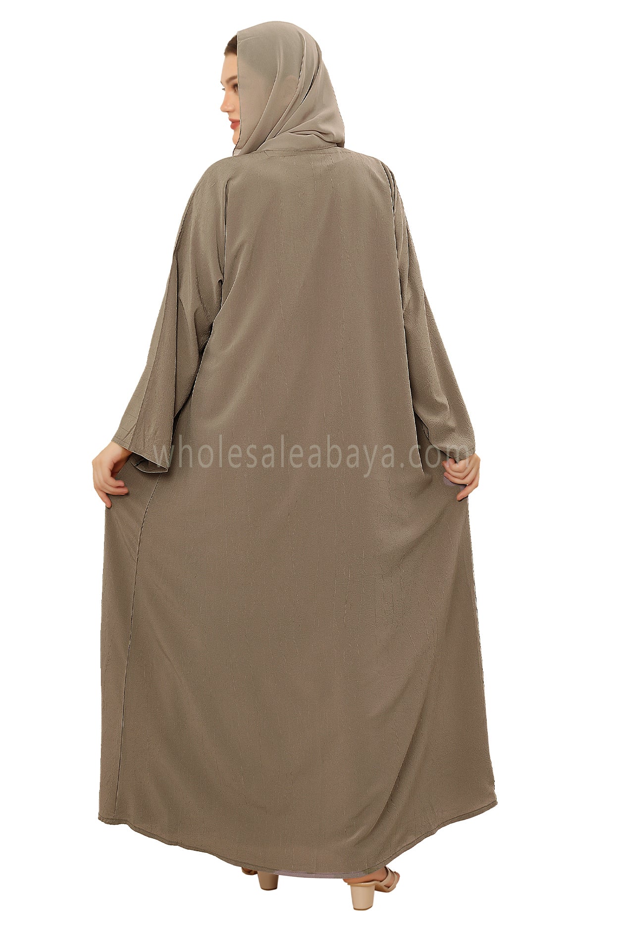 Front Open Abaya with Buttons Closure in Arwa Crush Crepe 30051 Wheat Grass