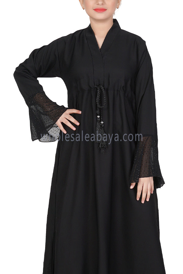 Girls Nida Abaya With Flare Chiffon Sleeves And Drawstring Belt 70345