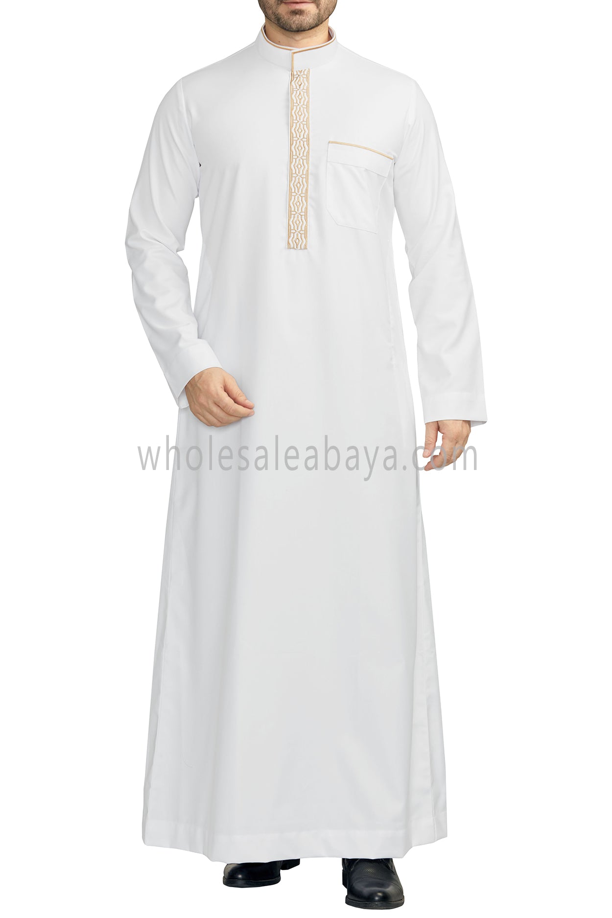 Elegant Men's Collar Thoube With Embroidery White
