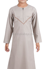 Boy's Premium Omani Thoube with Embroidered "V" Stitching Stone Beige