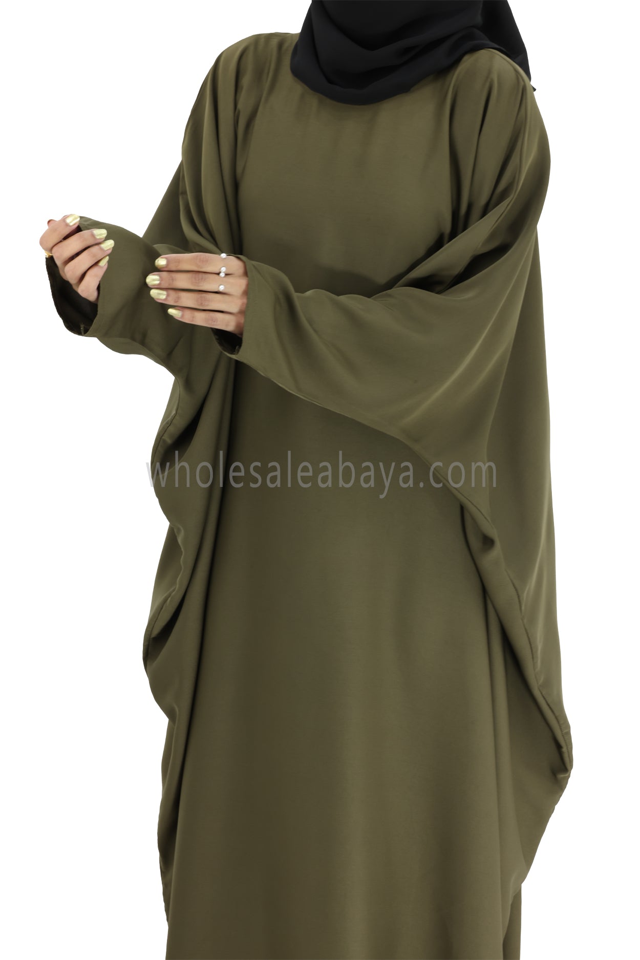 Plain Closed Butterfly Abaya With Inner Belt Olive Green Colour