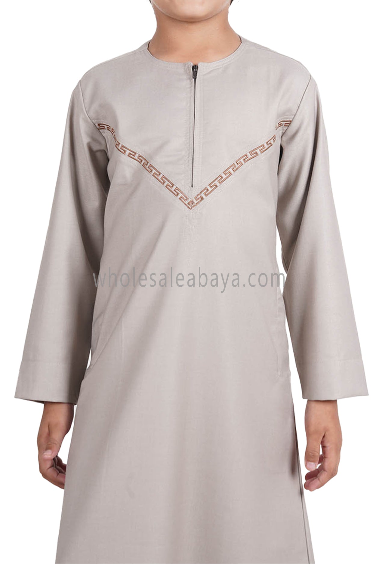 Boy's Premium Omani Thoube with Embroidered "V" Stitching Stone Beige and Brown