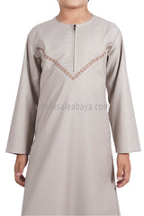 Boy's Premium Omani Thoube with Embroidered "V" Stitching Stone Beige