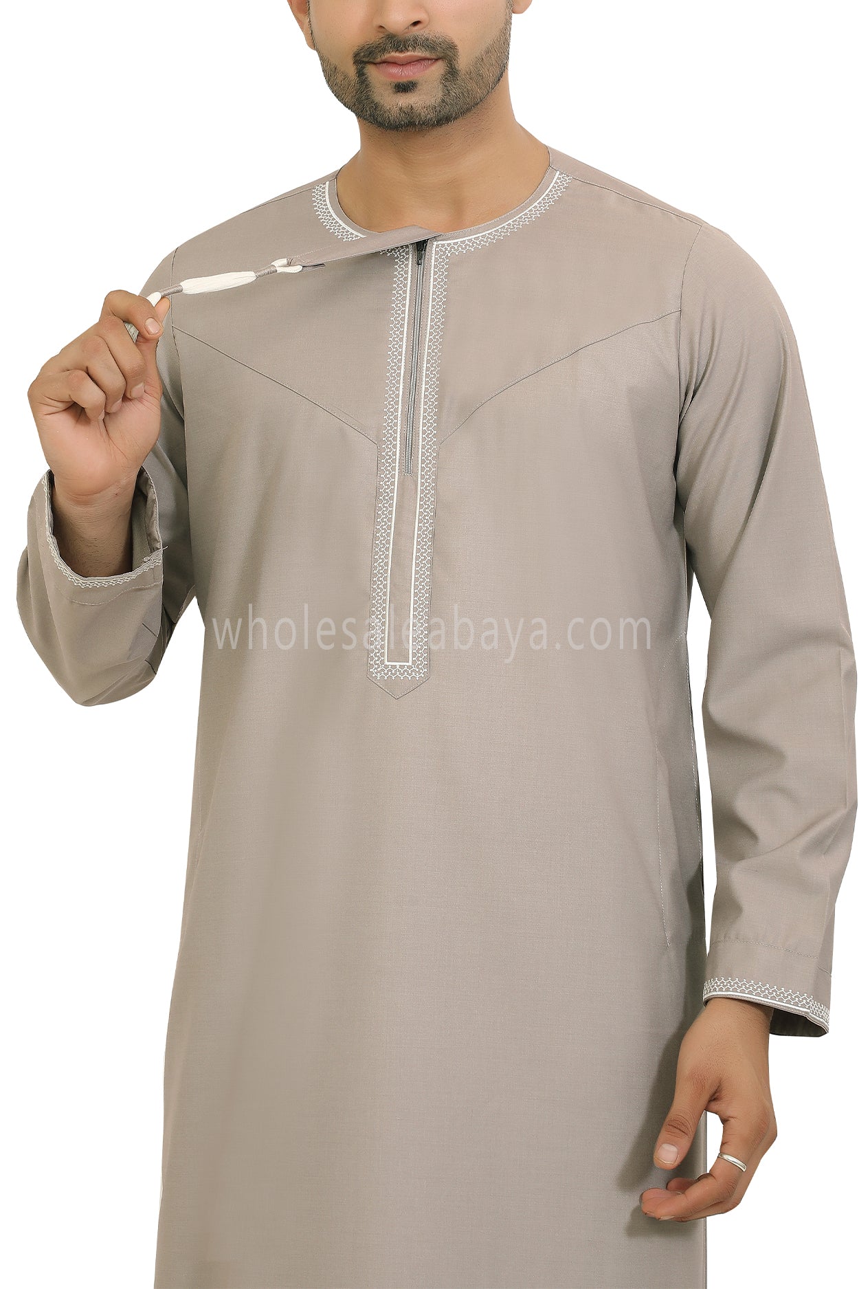 Men's Embroidered Omani Thoube With Tassel 90074 Pink Beige