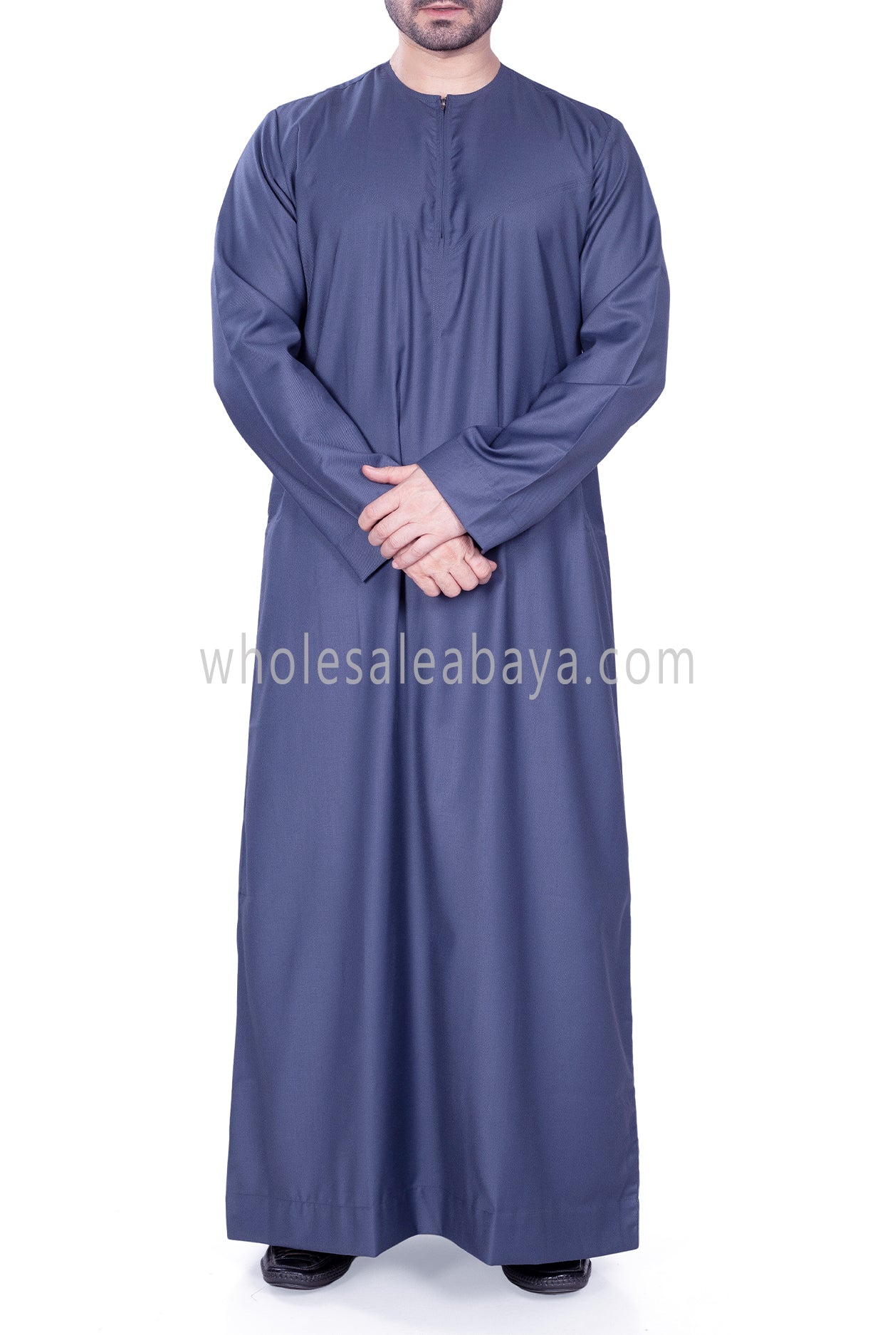 Men's Classic Plain Omani Thoube With Front Zip Blue Grey