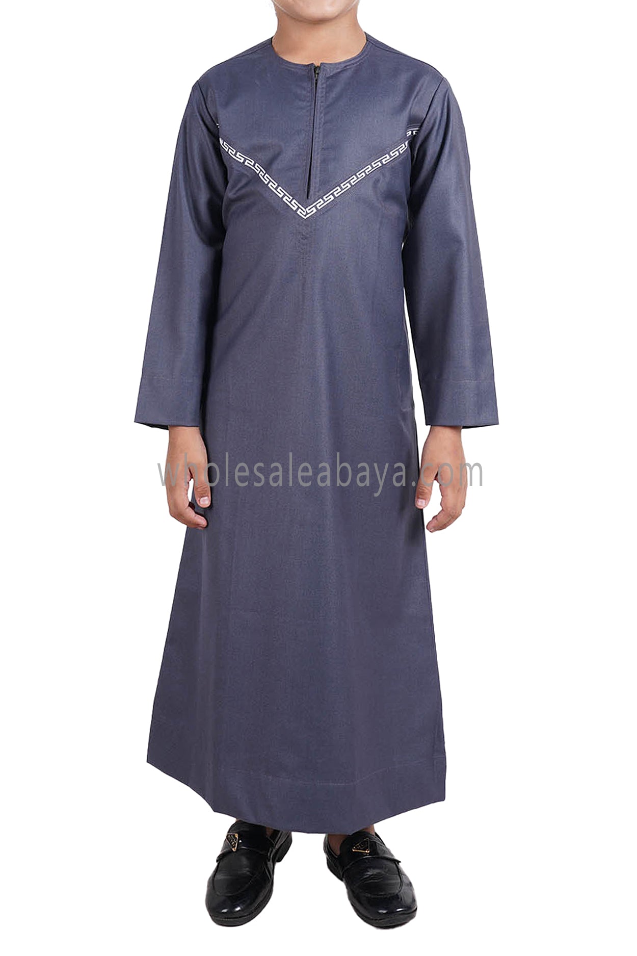 Boy's Premium Omani Thoube with Embroidered "V" Stitching Blue Grey