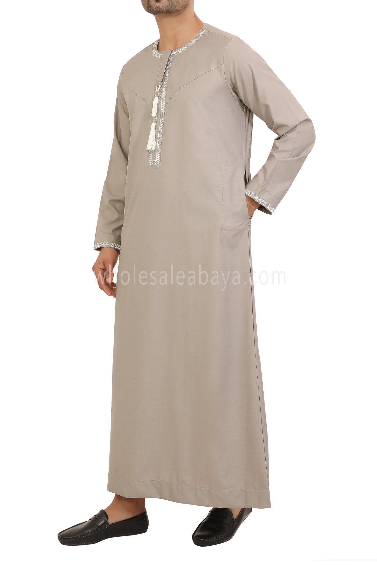 Men's Embroidered Omani Thoube With Tassel 90074 Pink Beige