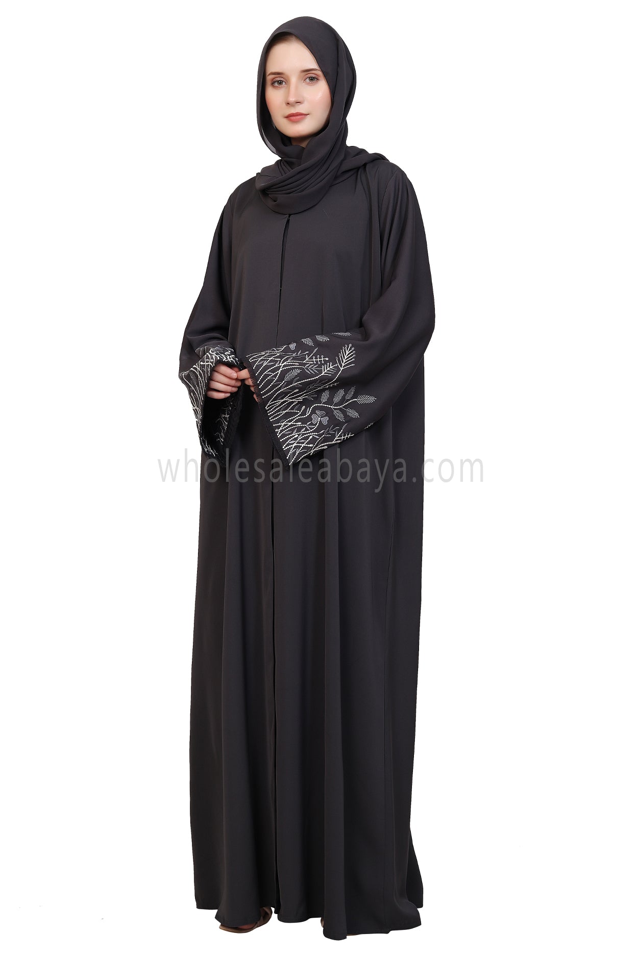 Open Abaya With Embroidered Sleeves 30501