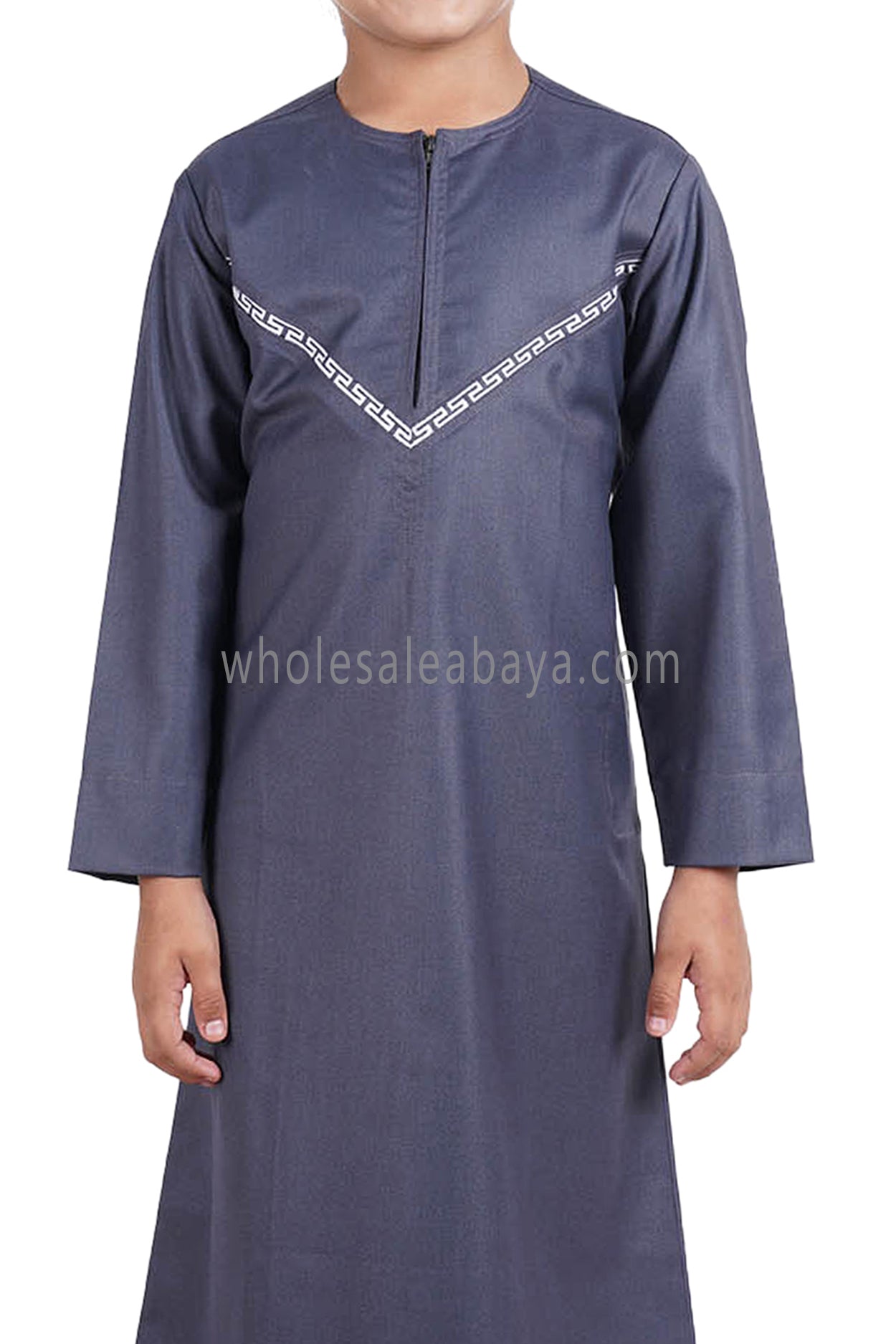 Boy's Premium Omani Thoube with Embroidered "V" Stitching Blue Grey