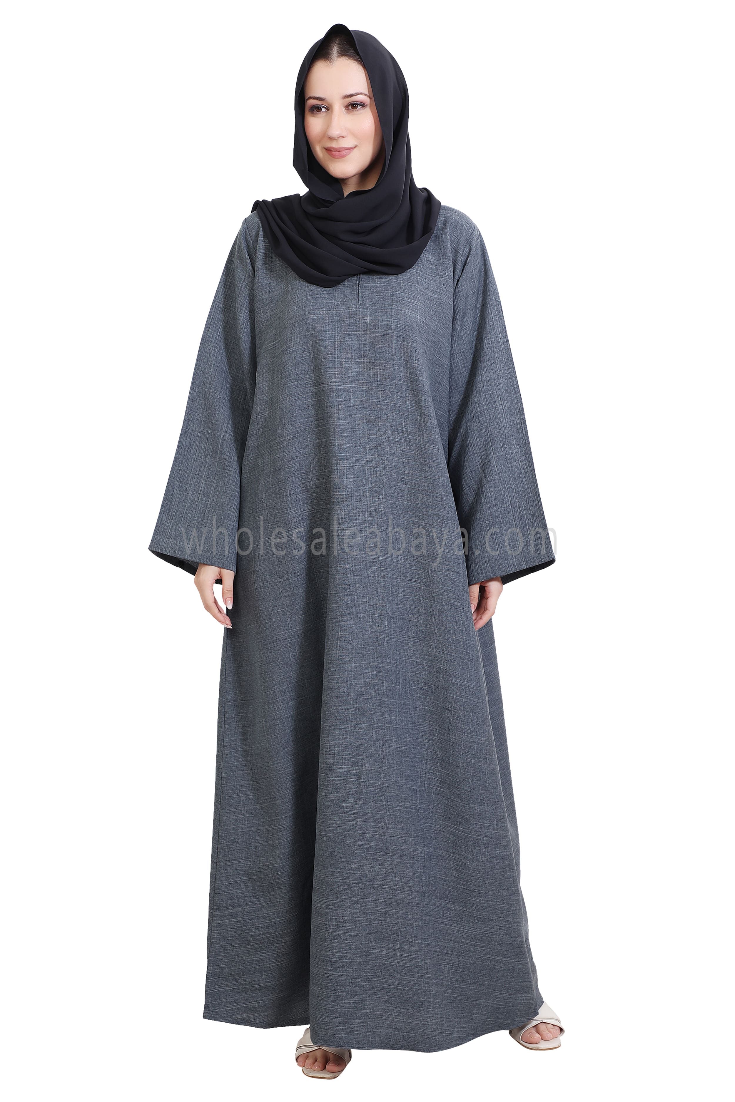 Melange Linen Closed Abaya With Wide Sleeves