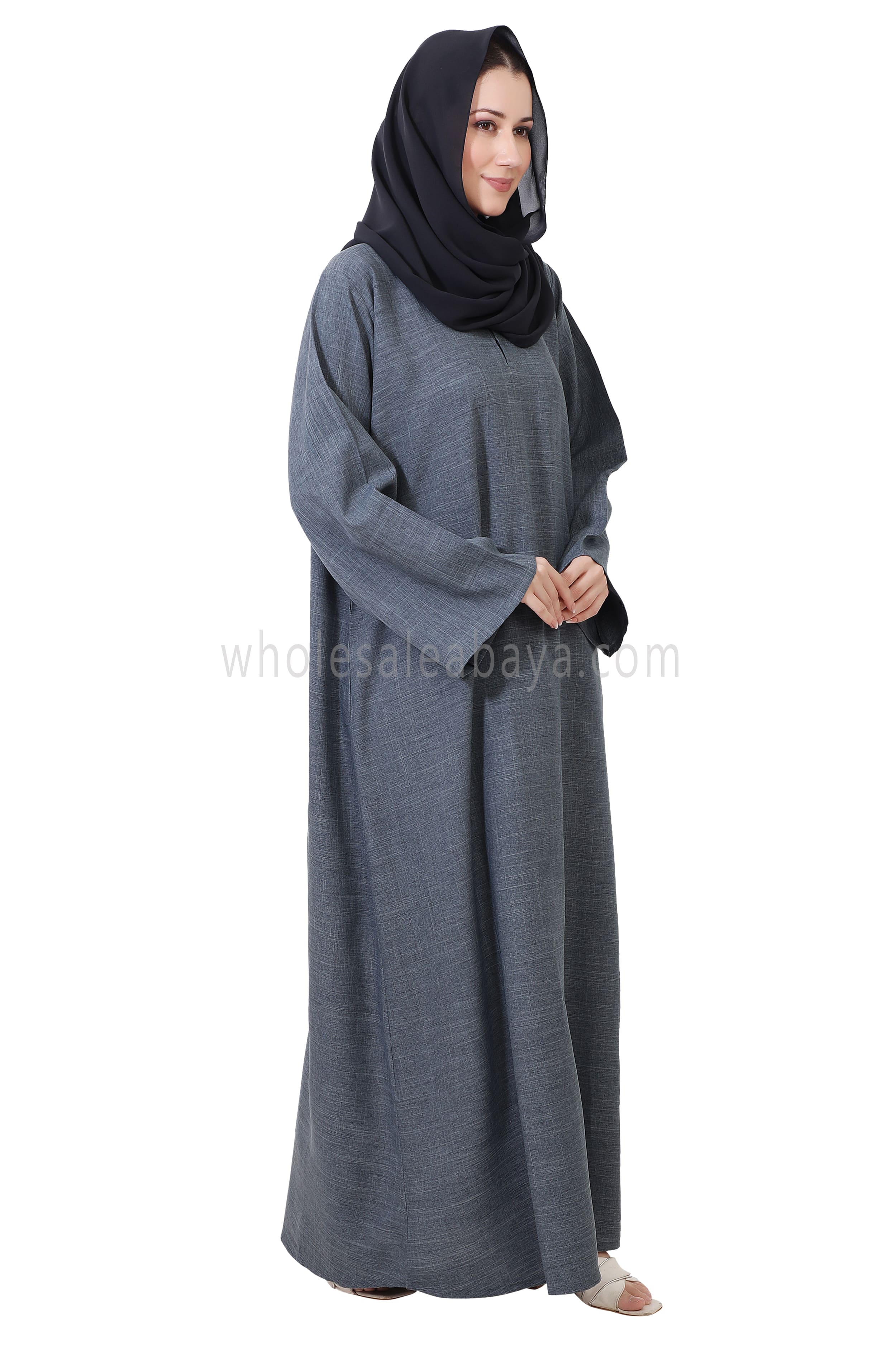 Melange Linen Closed Abaya With Wide Sleeves