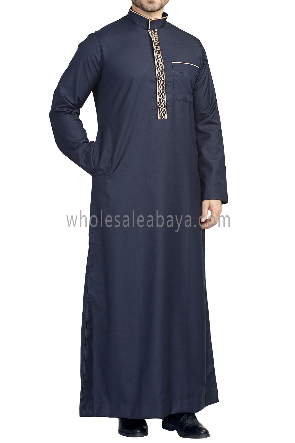 Elegant Men's Collar Thoube With Embroidery Navy Blue Colour