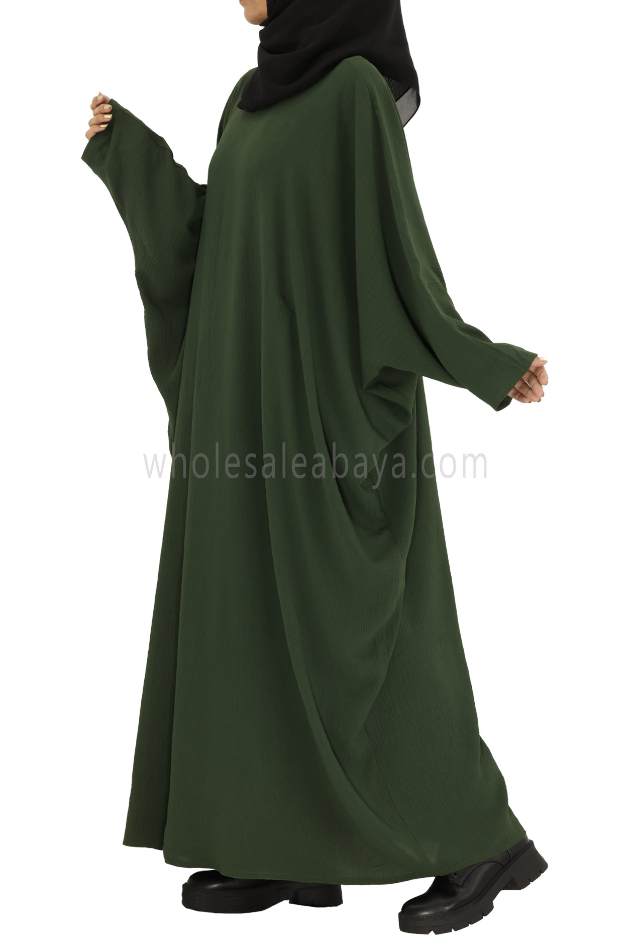 Plain Closed Butterfly Abaya With Inner Belt CY Crepe Khaki Green