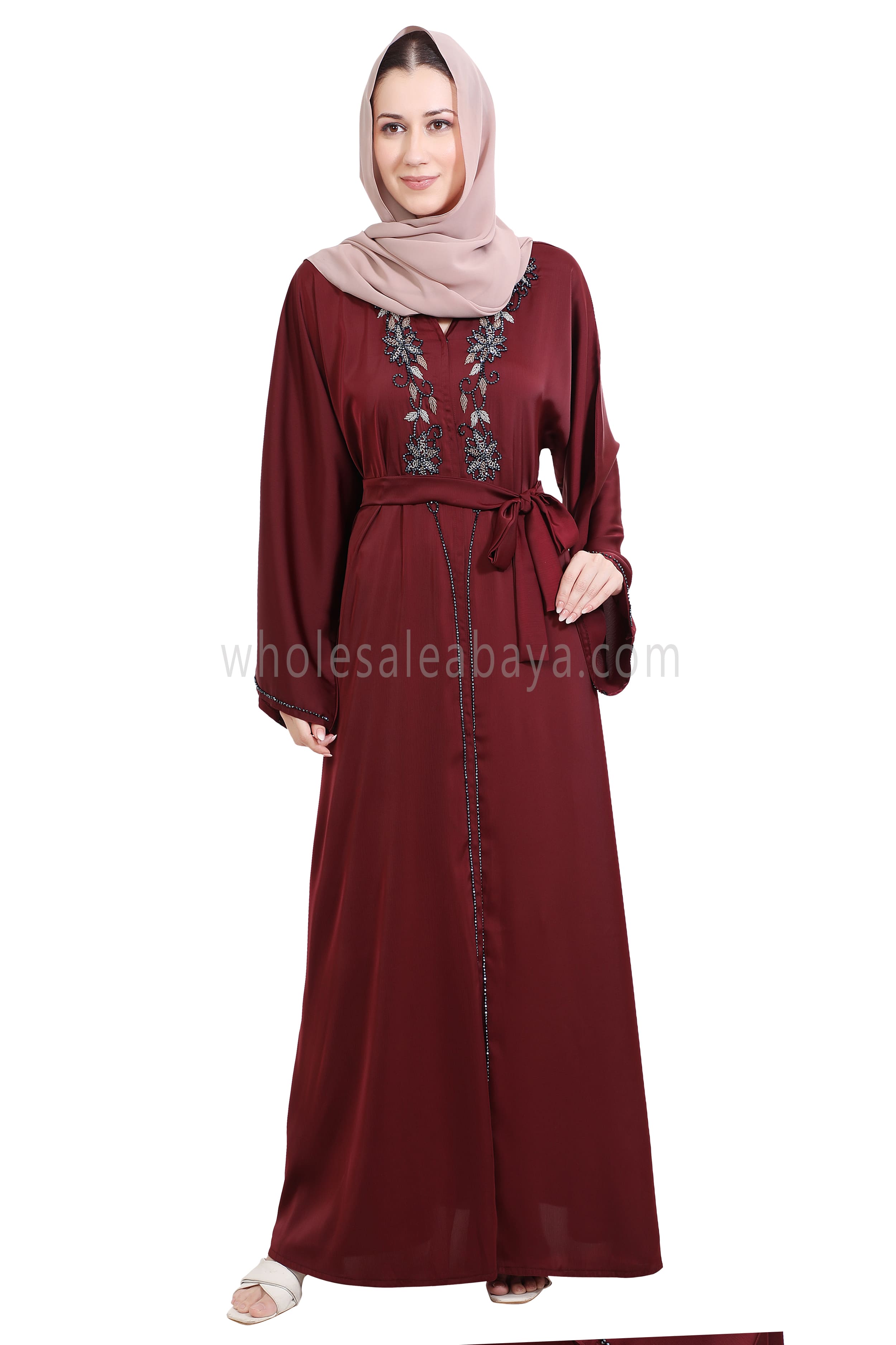 Open Abaya Style With Floral Vine Handwork