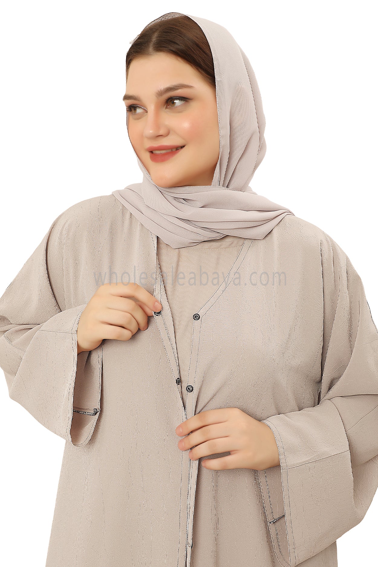 Front Open Abaya with Buttons Closure in Arwa Crush Crepe Beige 30051
